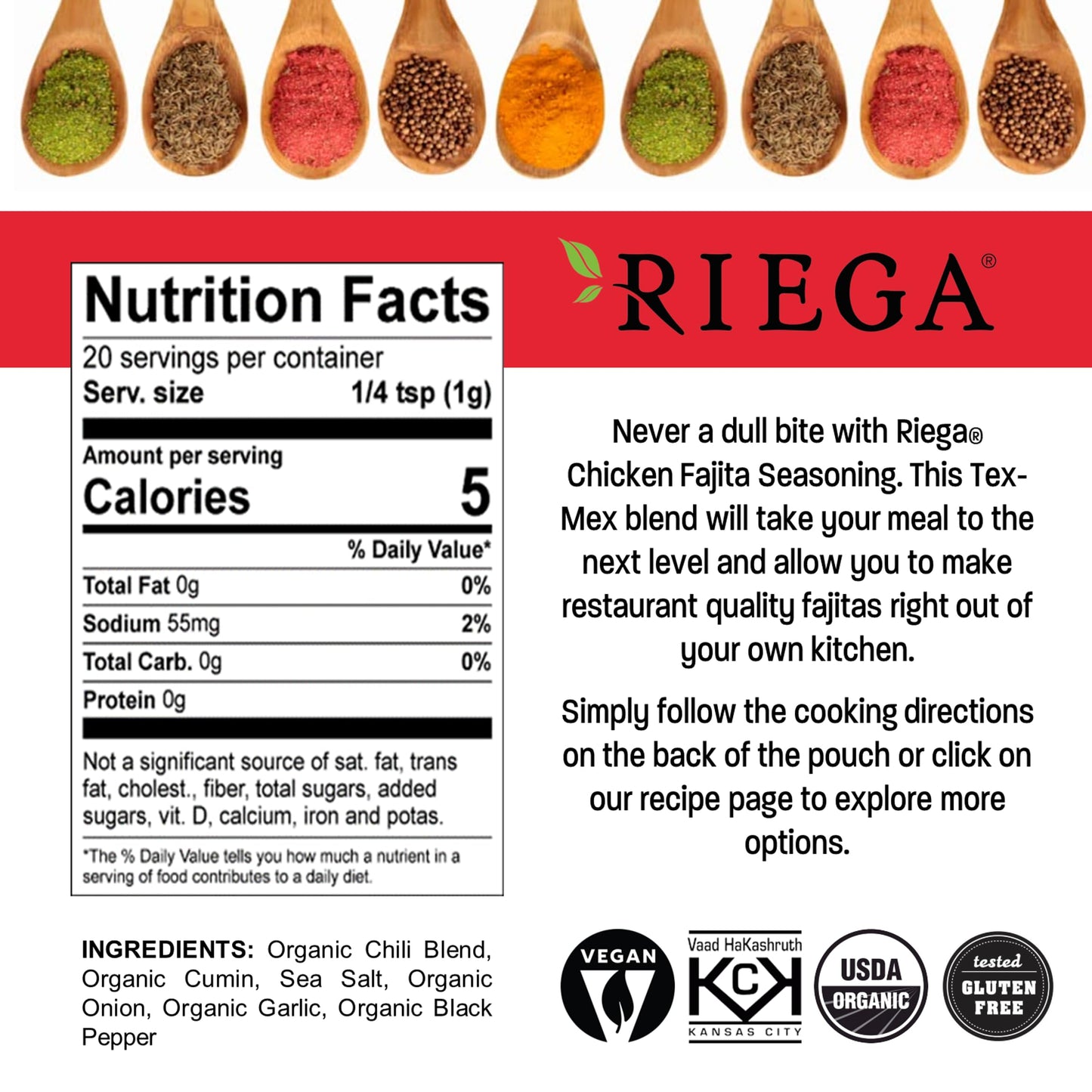 Riega Organic Fajita Seasoning Mix - Classic Tex-Mex Blend For Chicken, Beef, Veggies & Sheet Pan Dinners - 0.71 Oz (Pack Of 8)