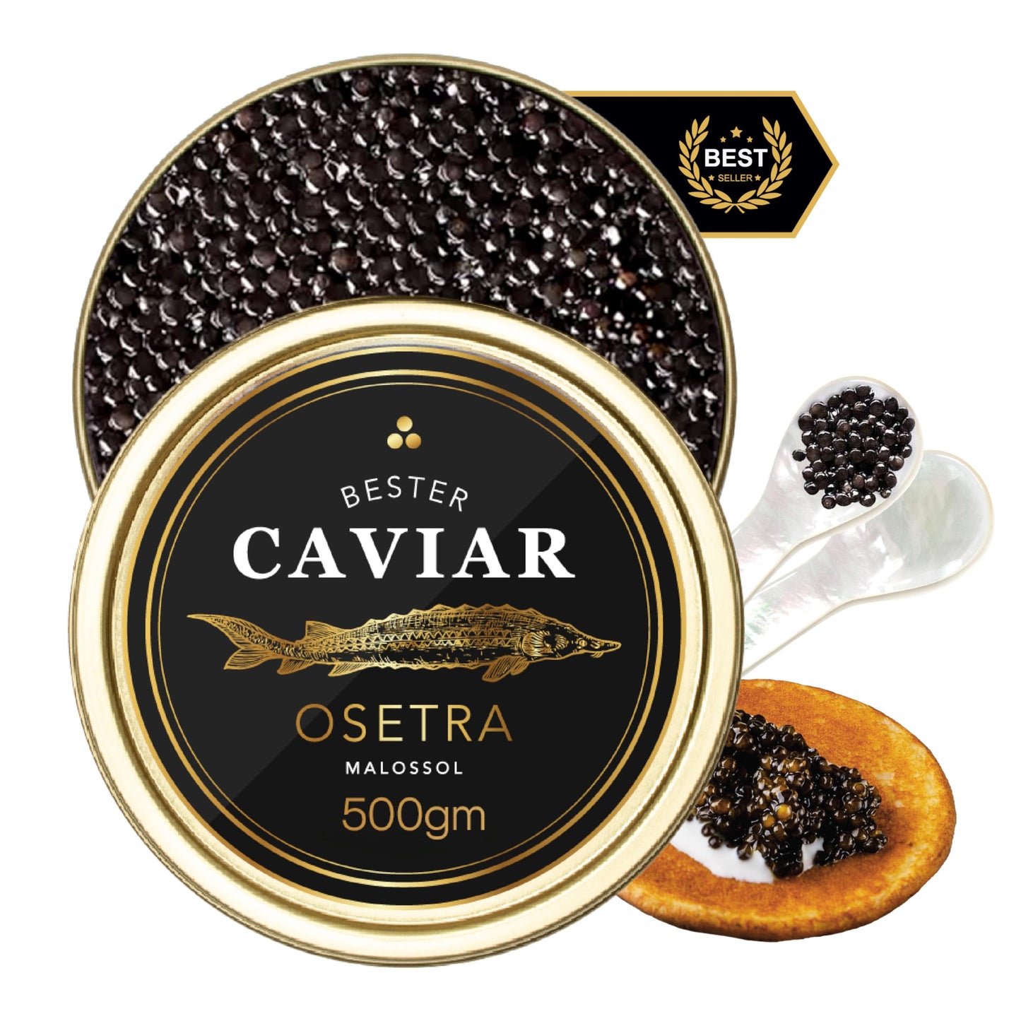 BESTER CAVIAR enhanced Osetra Sturgeon Caviar - Traditionally Harvested Malossol Ossetra Black Roe with Crme Frache  Tin Opener  2 Blinis & 4 Pearl Spoons - Single Tin (1.76 oz)