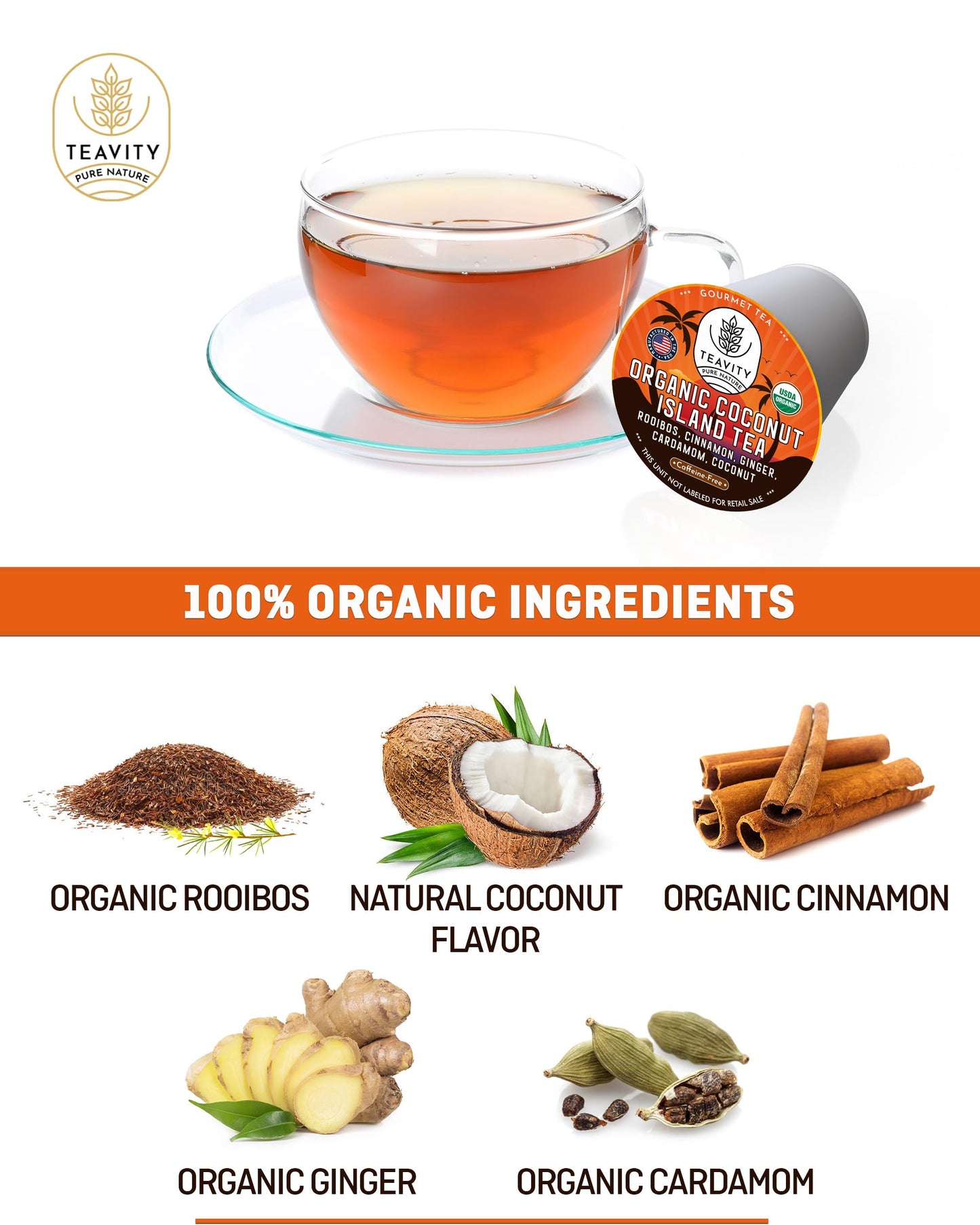 Coconut Rooibos Tea Pods For Keurig - Organic Ginger Tea, Rooibos, Cinnamon, Cardamom, Coconut By Coconut Island Teavity (12 Tea