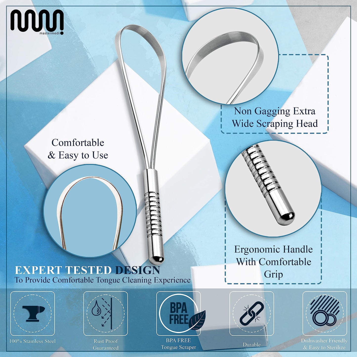 MasterMedi Stainless Steel Tongue Scraper – Bad Breath Treatment for Adults & Kids, Ergonomic Design, Easy to Use Oral Care Tool