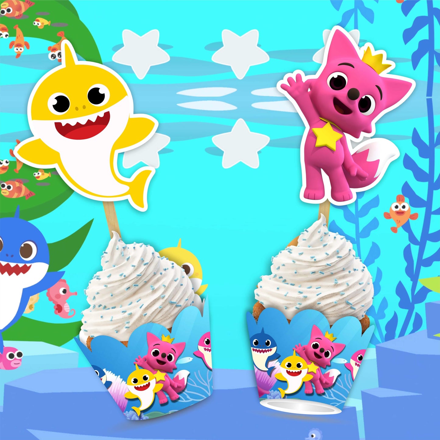Bby Shark Cupcake Wrapper For Birthday Party – Underwater Ocean Theme Cupcake Decoration– Cute Shark Family Cupcake Holders For Baby Shower, First Birthday, Or Pool Party – Party Supplies