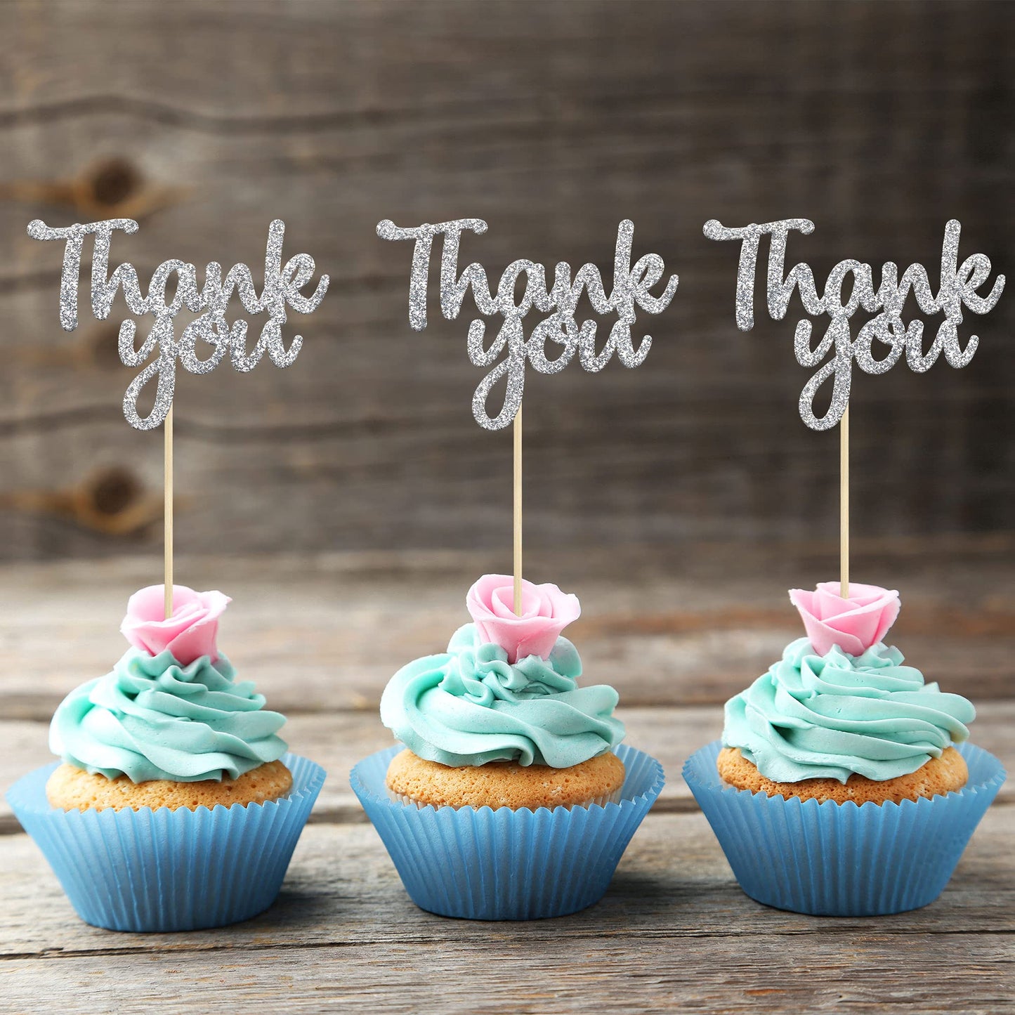 Gyufise 36 Pack Thank You Cupcake Toppers Silver Glitter Thanksgiving Cupcake Picks Decorations For Baby Shower Boys Girls Birth
