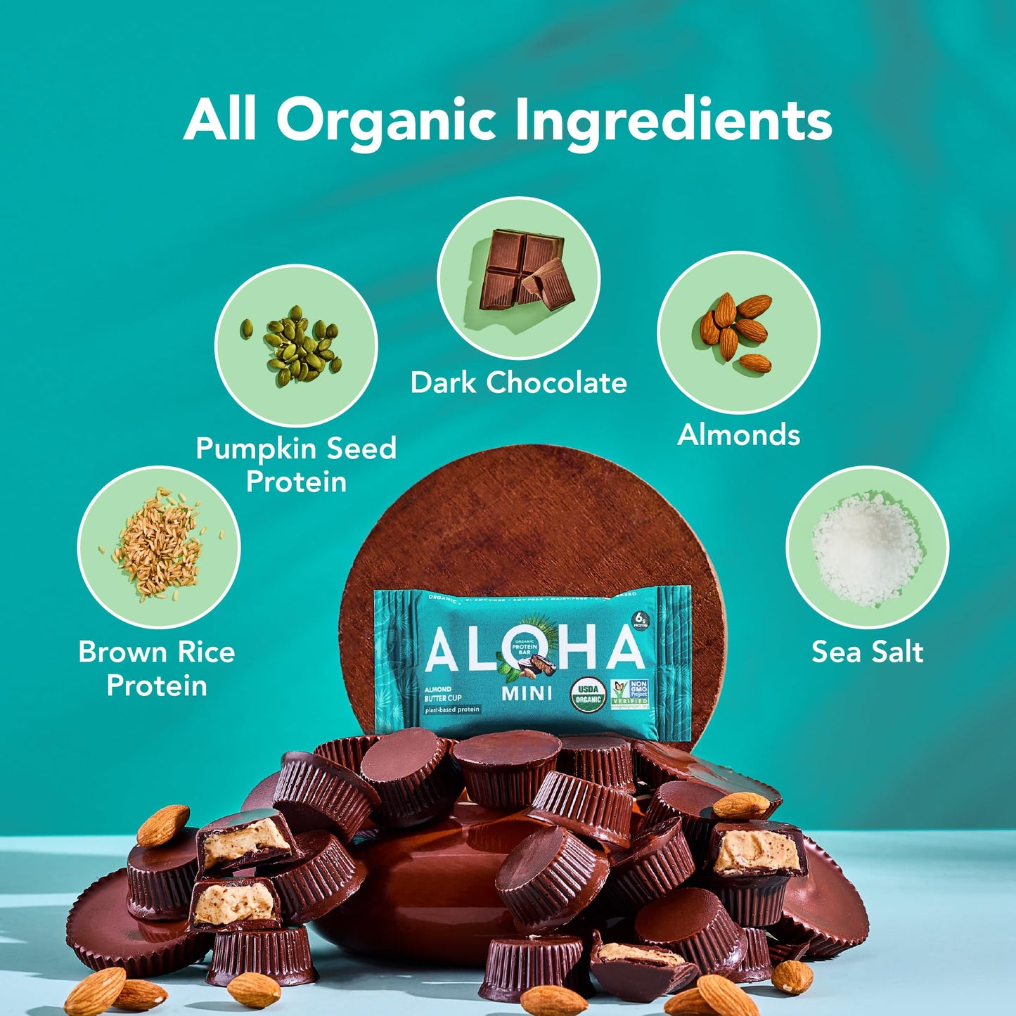 ALOHA Organic Plant Based Protein Bar MINIS - Almond Butter Cup, Vegan, Low Sugar, Gluten Free, 20 Count
