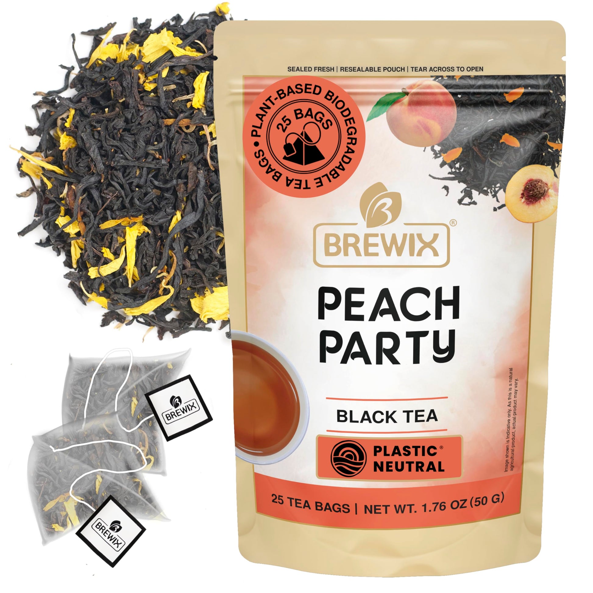 BREWIX Peach Black Tea - Premium Caffeinated Blend, Sugar-Free, 25 Pyramid Bags