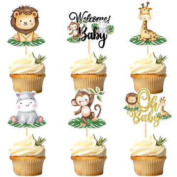 24Pcs Jungle Animals Cupcake Toppers Jungle Animals Theme Animal Cupcake Toppers Picks Baby Shower Themed for Girl Boys Kids Par