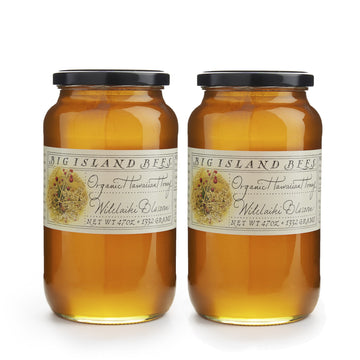 2-Pack Of Big Island Bees Wilelaiki Honey (Hawaiian Christmas Berry), Organic Raw Hawaiian Honey - (Two Large 47 Oz Glass Jars)
