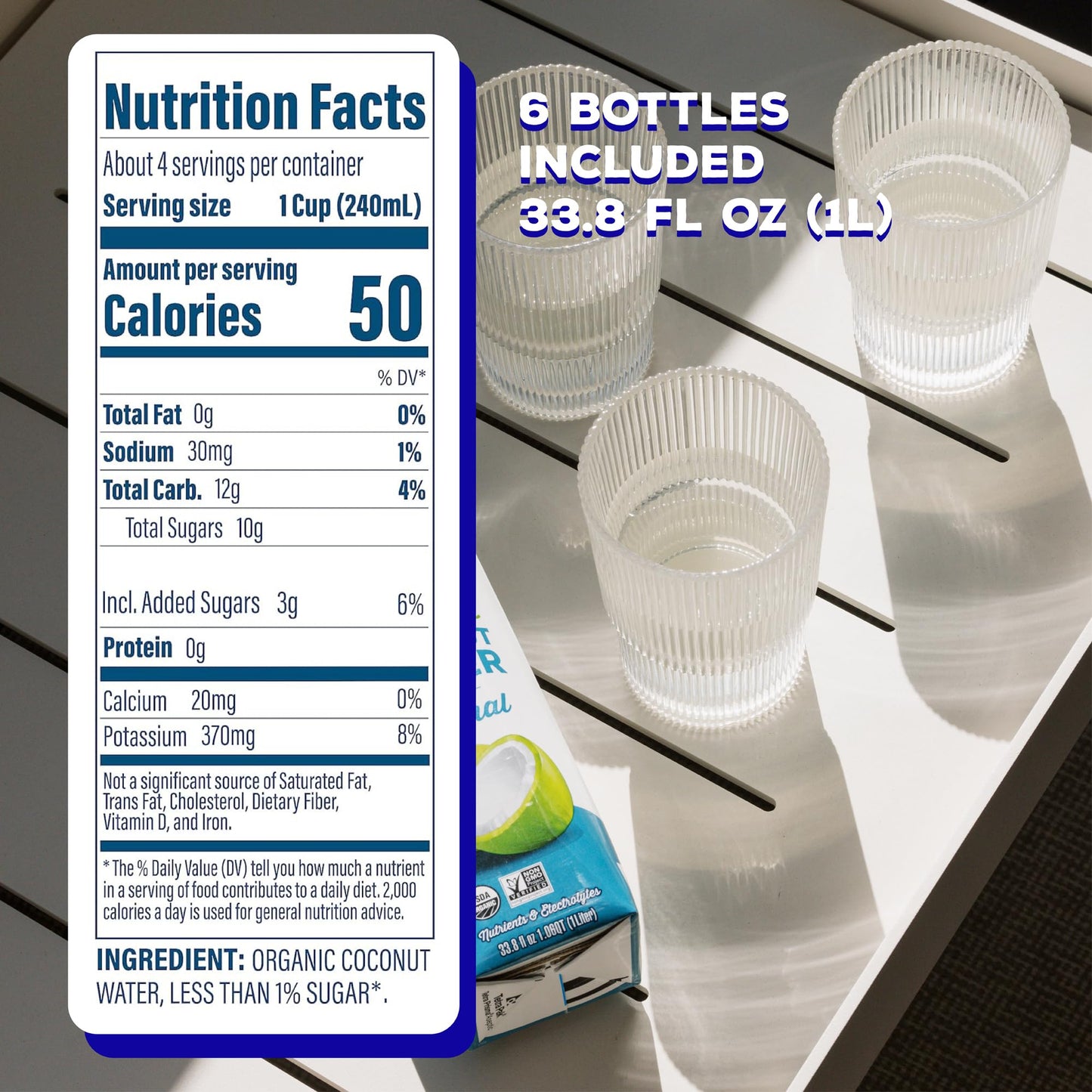 C2O Organic Coconut Water - 6 Tetra Packs, 33.8 Fl Oz - Plant Based, Non GMO, Natural Hydration