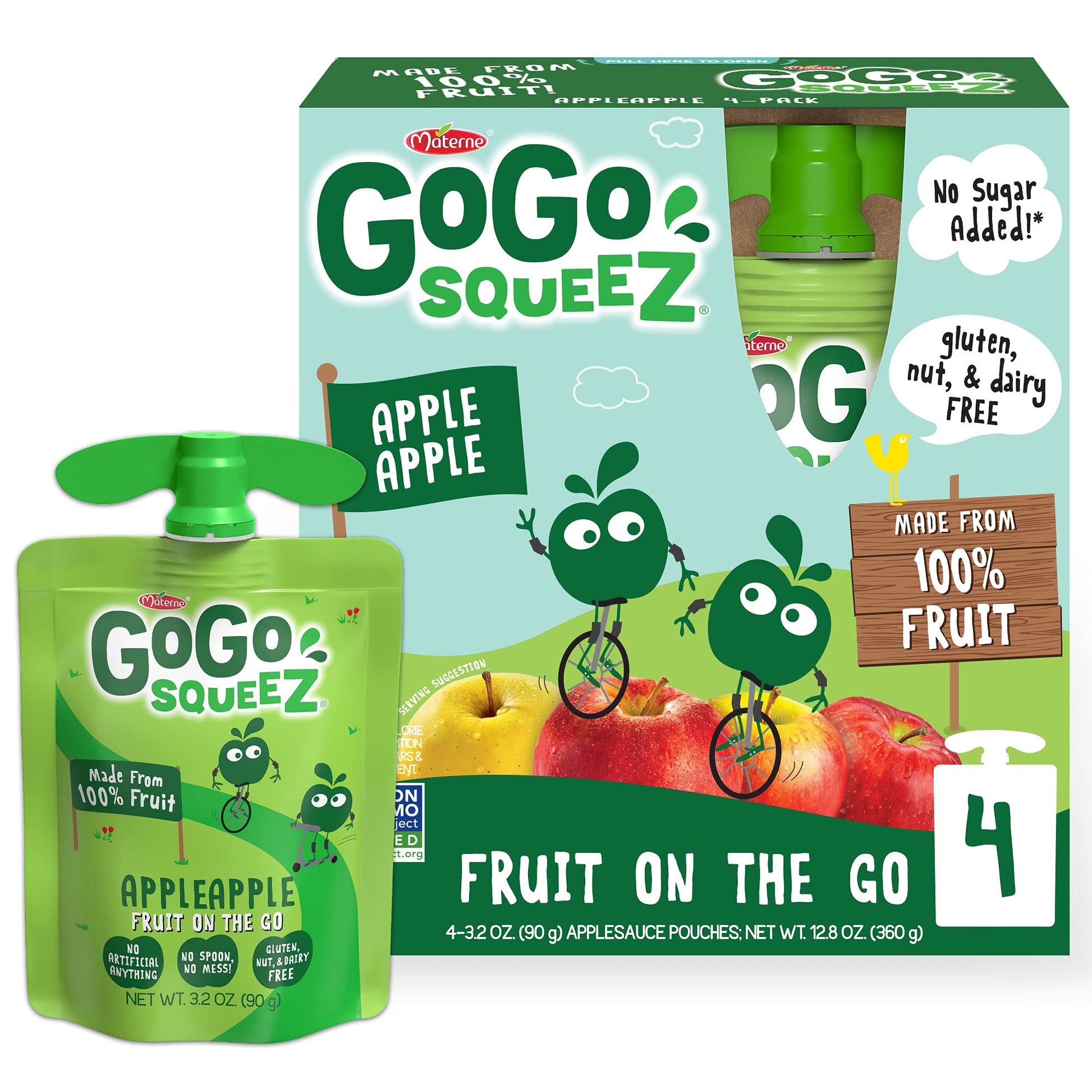 GoGo SqueeZ Applesauce Puree, Unsweetened, Gluten Free, 3.2 oz (Pack of 4)