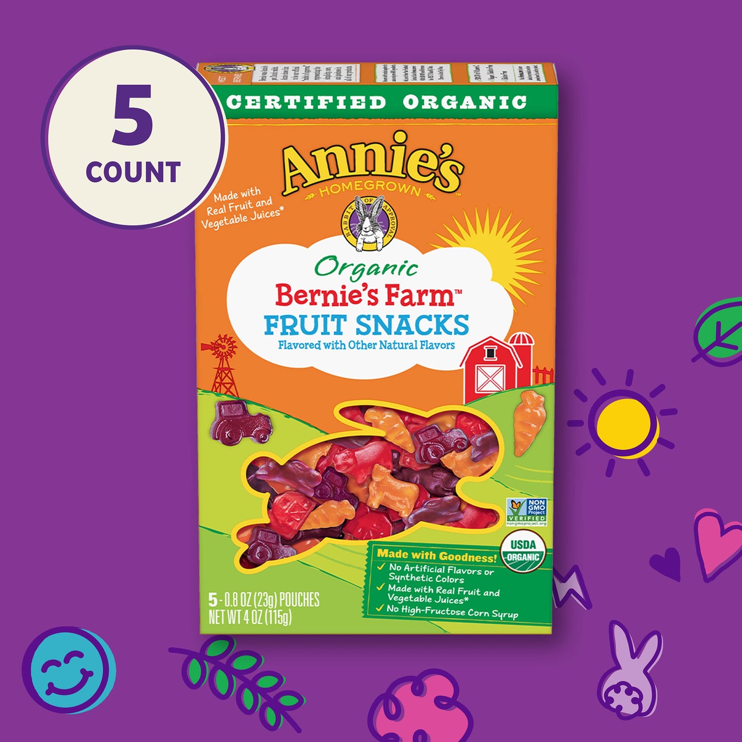Annie'S Organic Bernie'S Farm Fruit Snacks, Gluten Free, 5 Pouches, 4 Oz.