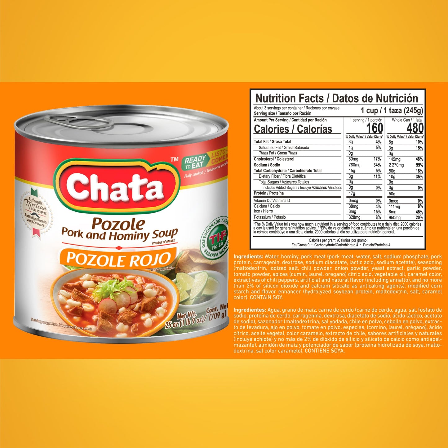Chata Authentic Pozole Soup with Pork and Hominy Corn  25 oz  Pack of 3