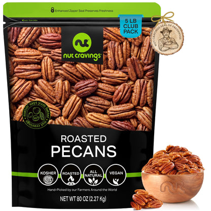 NUT CRAVINGS - Pecans Halves, Roasted & Unsalted, No Shell (80oz - 5 LB) Bulk Nuts Packed Fresh in Resealable Bag - Healthy Prot