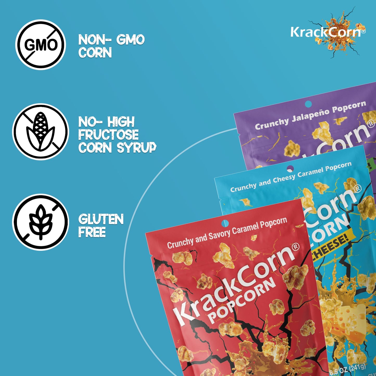Krackcorn Popcorn Variety Pack - Original, Cheddar And Jalapeno (1.25 Oz) Flavored Popcorns, Gluten-Free & Non-Gmo Healthy Snack