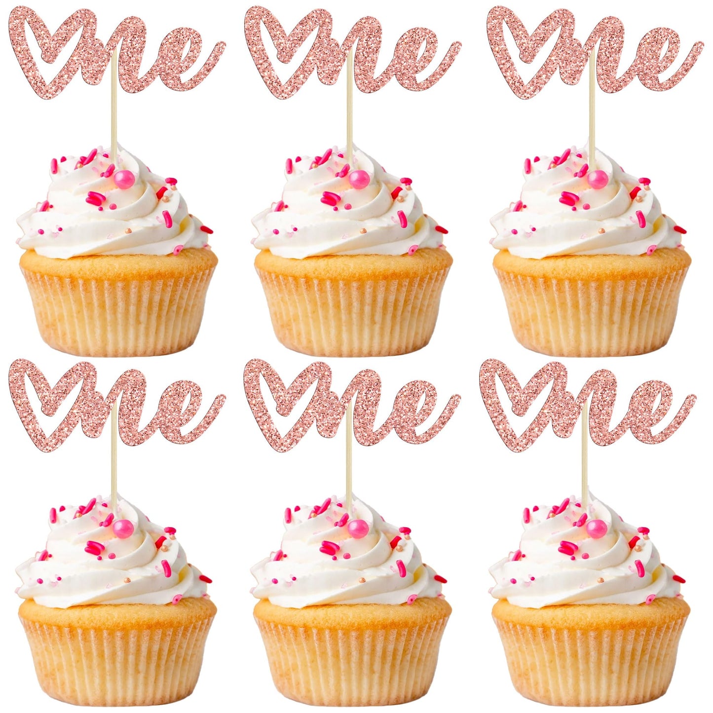 Gyufise 24 Pack Rose Gold Glitter Valentine One Cupcake Toppers Valentine Day Cake Toppers Baby Shower Heart One Cupcake Picks For Valentine Theme Boys Girls First Birthday Party Cake Decorations