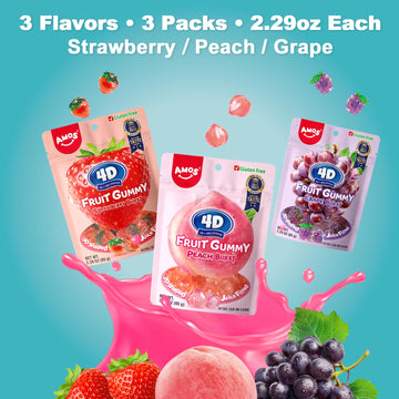 Amos Gummy Candy 4D Fruit Gummies, Fruit Snacks Strawberry Peach Grape Burst, Resealable 2.29Oz Bag, Natural Flavor (3 Pack Vari