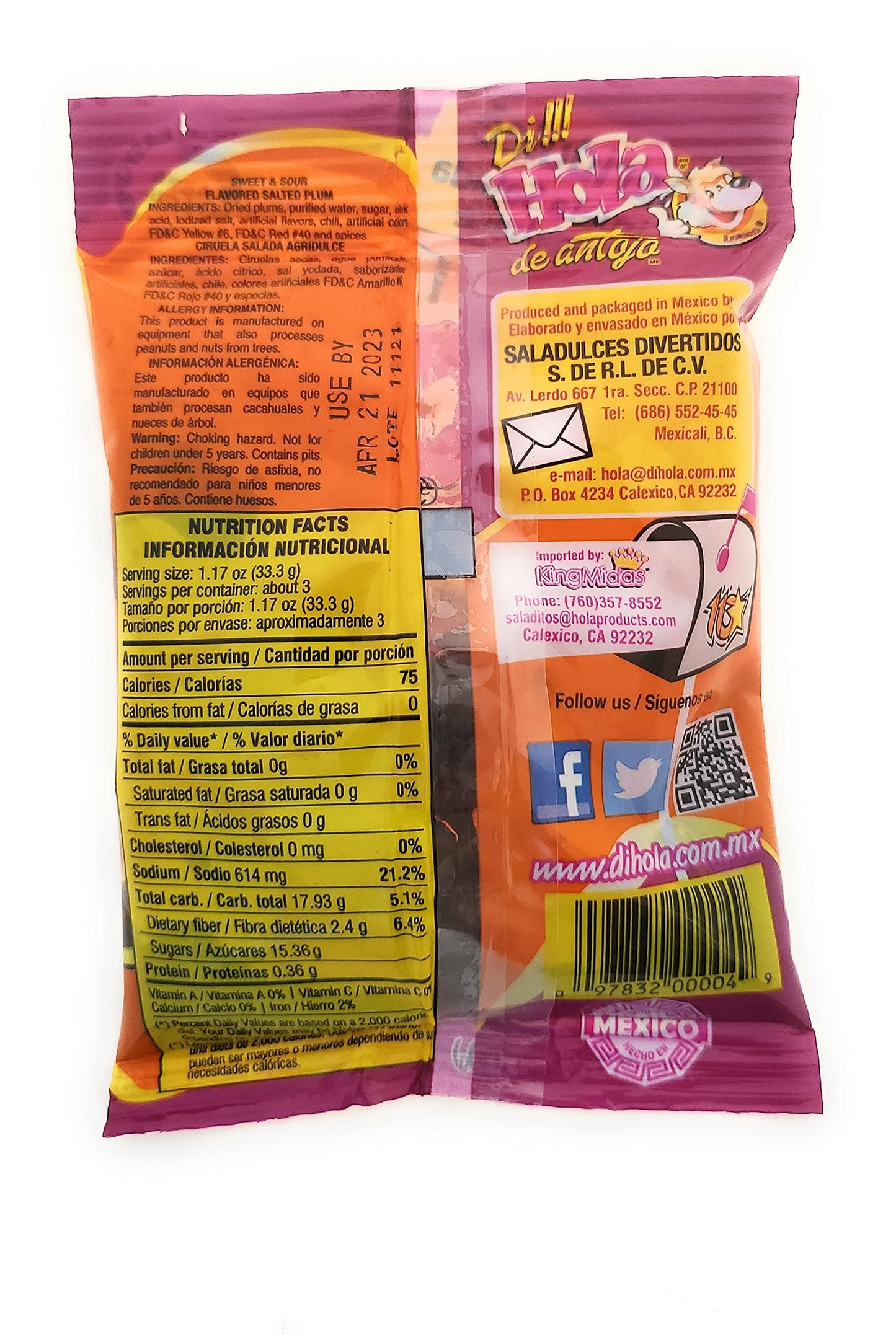 Salado Agriculce - Saladulces Hola Lobito - Sweet And Sour Flavored Salted Plums - 3.5 Oz - 3 Units