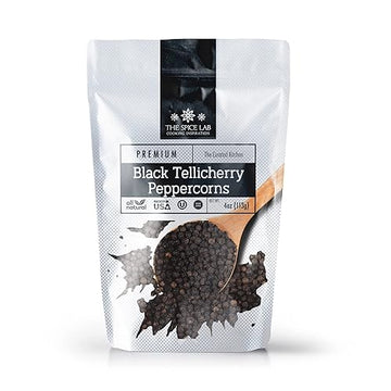 The Spice Lab - Black Tellicherry Peppercorns For Grinder Packed In The Usa - Steam Sterilized Kosher Non-Gmo All Natural Black Pepper 5015 (4 Oz Resealable Bag)