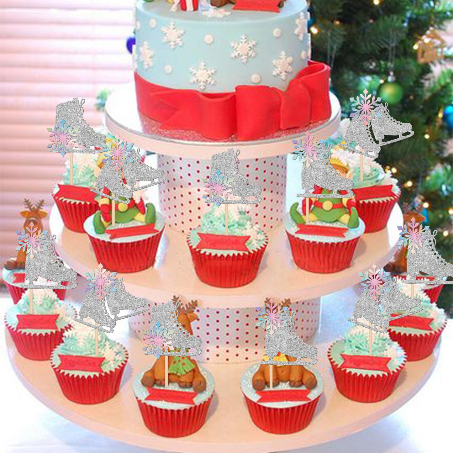 ZHUOWEISM Ice Skating Cupcake Toppers, 24 PCS Glitter Snowflake Picks, 2.2x4.11, Paper, Silver