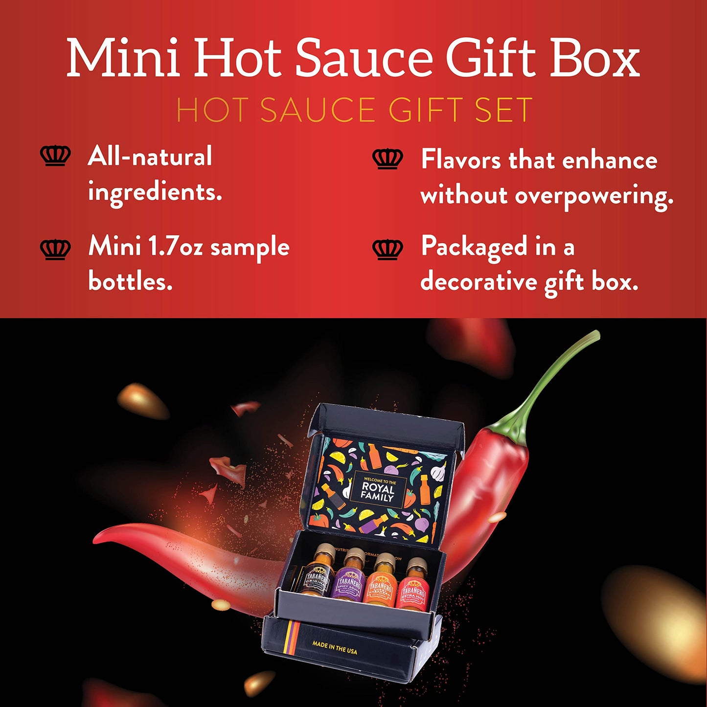 Taba?ro Mini Hot Sauce Gift Set, 4 Pack, Kit Includes Original, Extra Hot, Spicy Agave, Curry Habanero, 1.7 oz Mini Glass Bottle