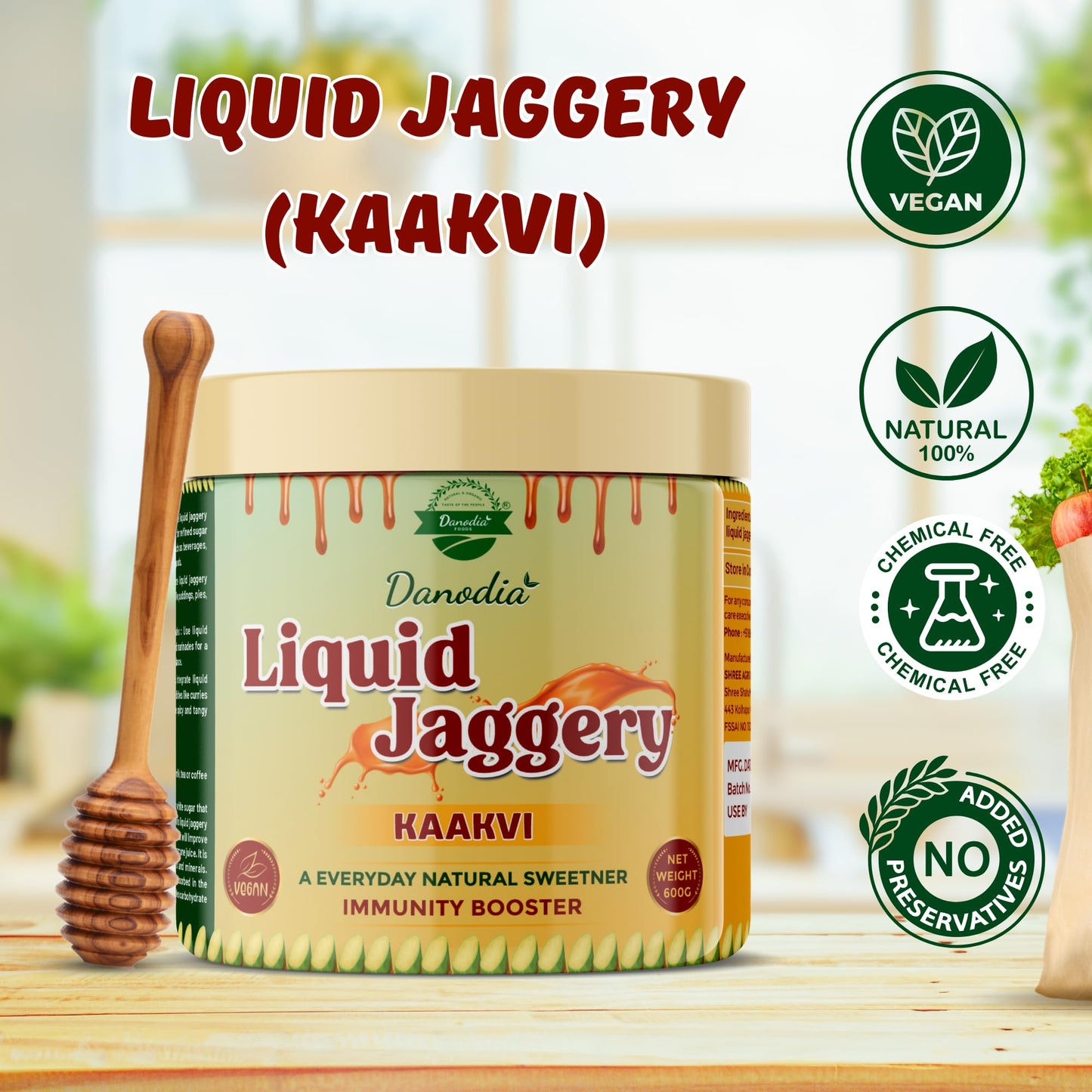 Danodia Foods Liquid Jaggery Syrup - Natural Sweetener, 600g (14 Fl Oz), Brown, No Preservatives, Rich in Minerals, Ideal for Beverages & Desserts