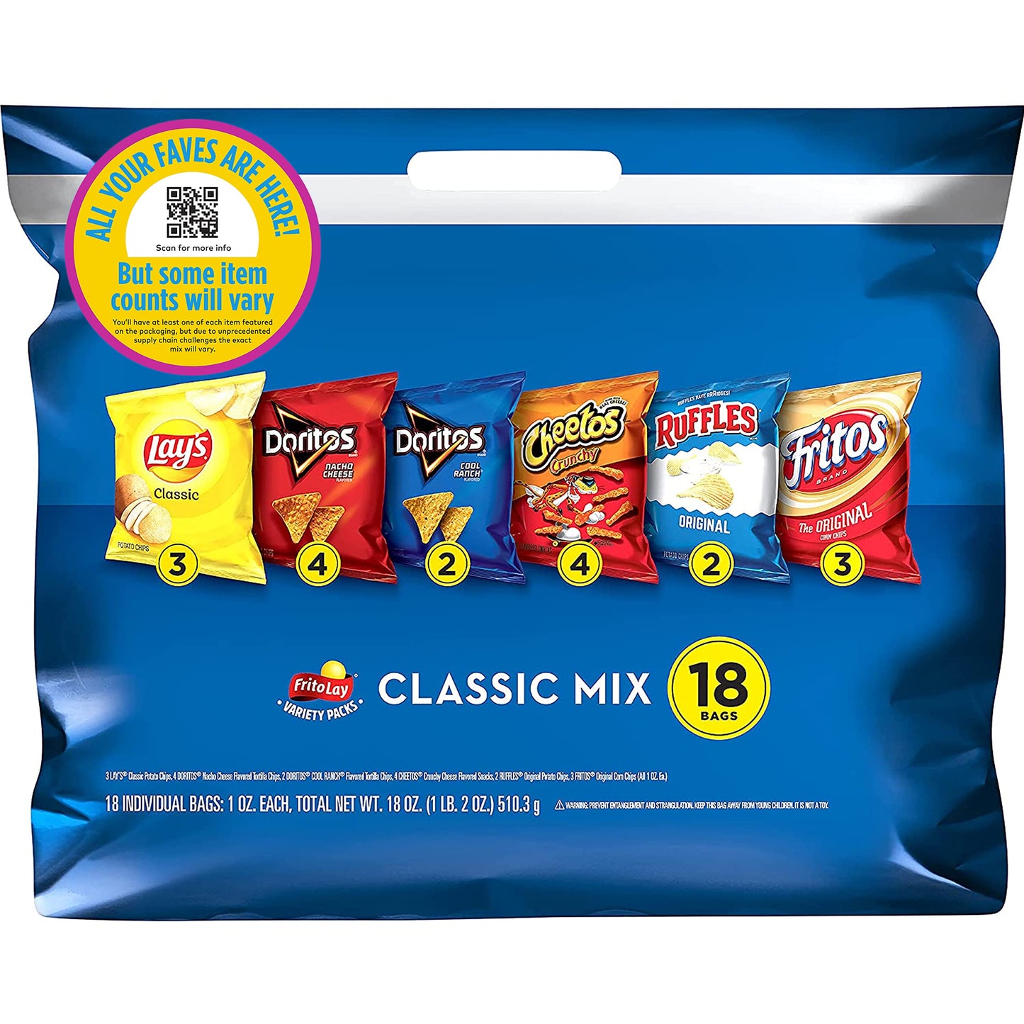 Frito Lay Snacks Classic Mix Chips Variety Pack, Lays, Doritos, Fritos, Ruffles, Cheetos, 1oz Bags, (18 Pack) (Assortment May V