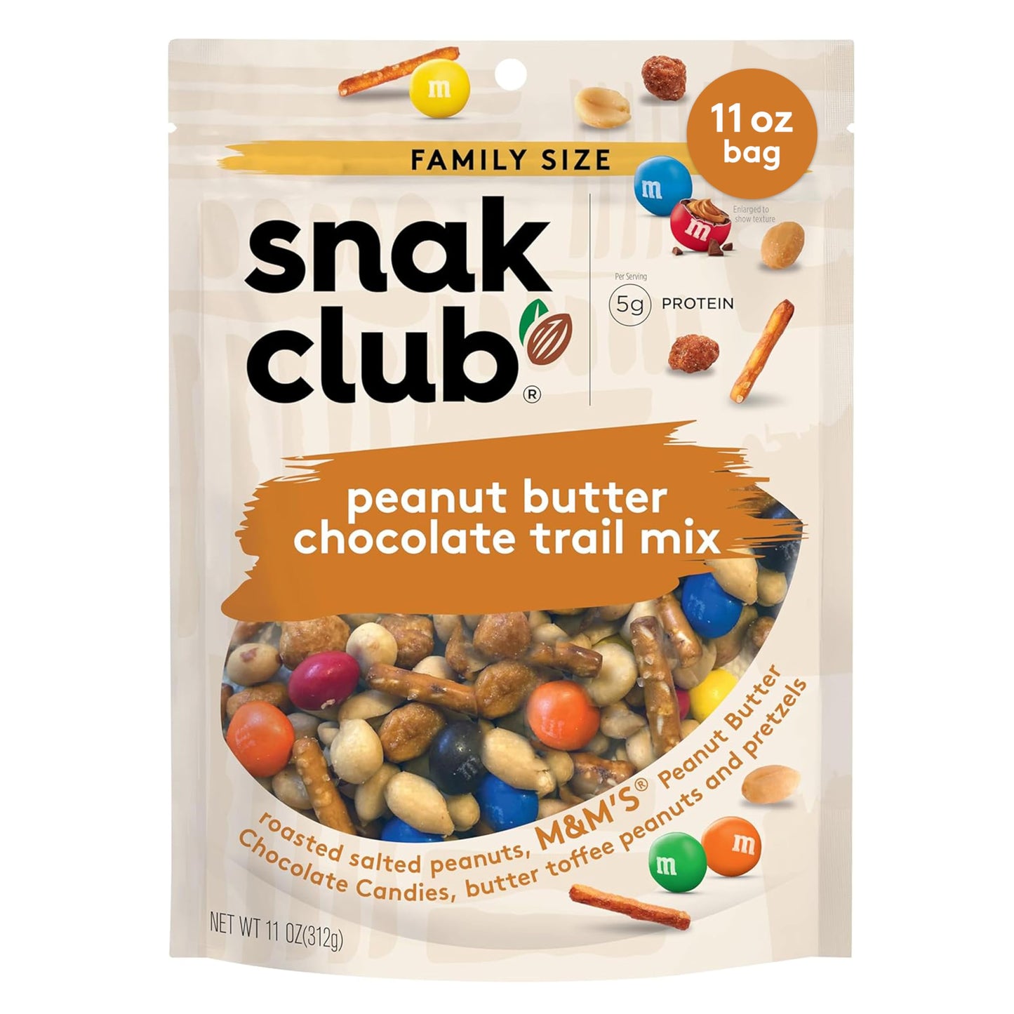 Snak Club Peanut Butter Chocolate Trail Mix, 11 oz Resealable Bag, Peanuts, M&M’S, Toffee Peanuts, Pretzels