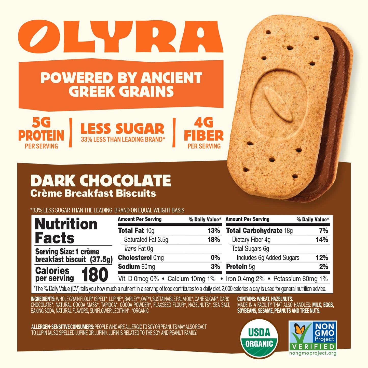 Olyra Dark Chocolate Sandwich Breakfast Biscuits, Healthy Snacks for Adults and Kids, Low Sugar, Organic Vegan Cookies, Office S