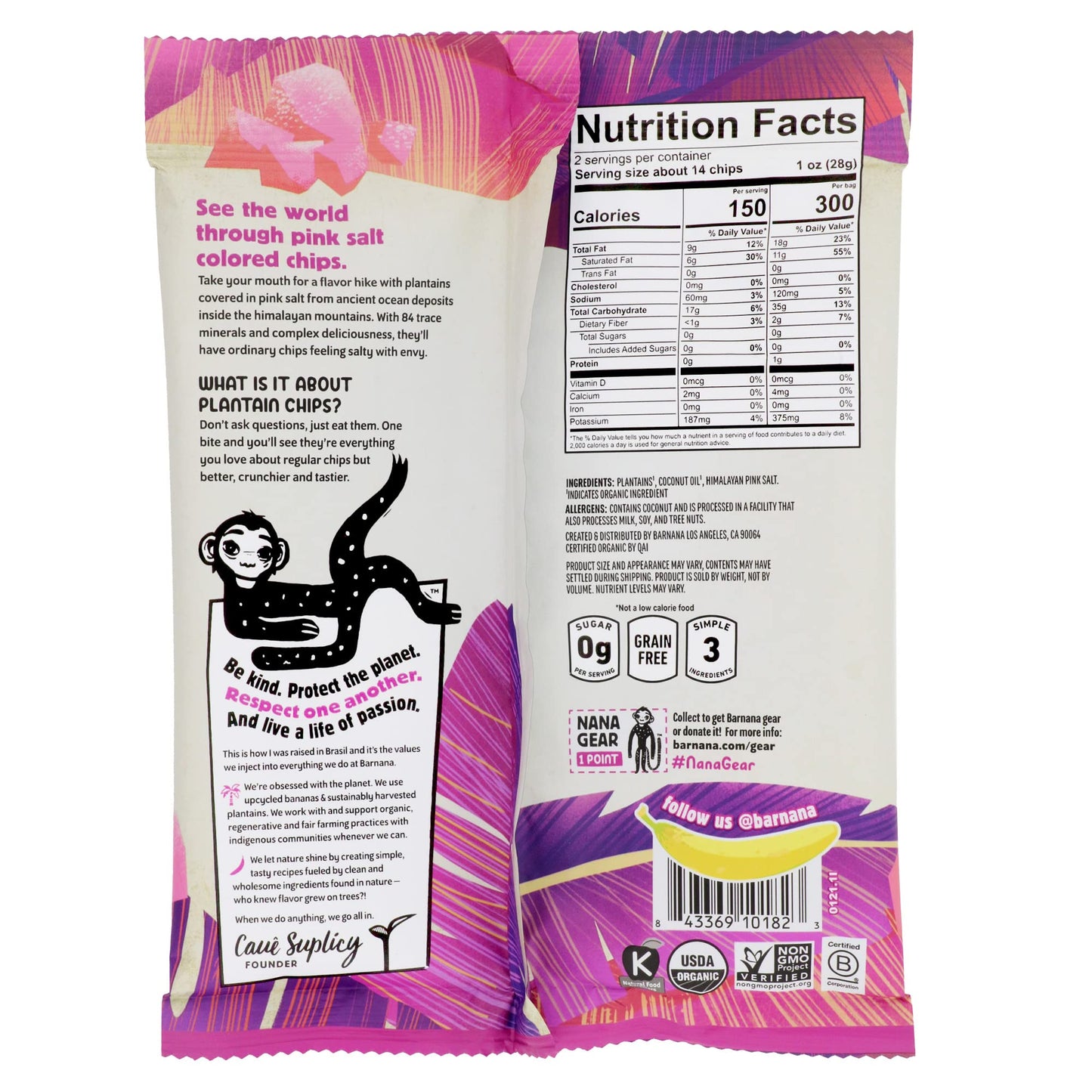 Barnana Organic Plantain Chips, Himalayan Pink Salt, 2 oz, 6-Pack, Non-GMO, Vegan, Paleo, Grain-Free, Healthy Snack
