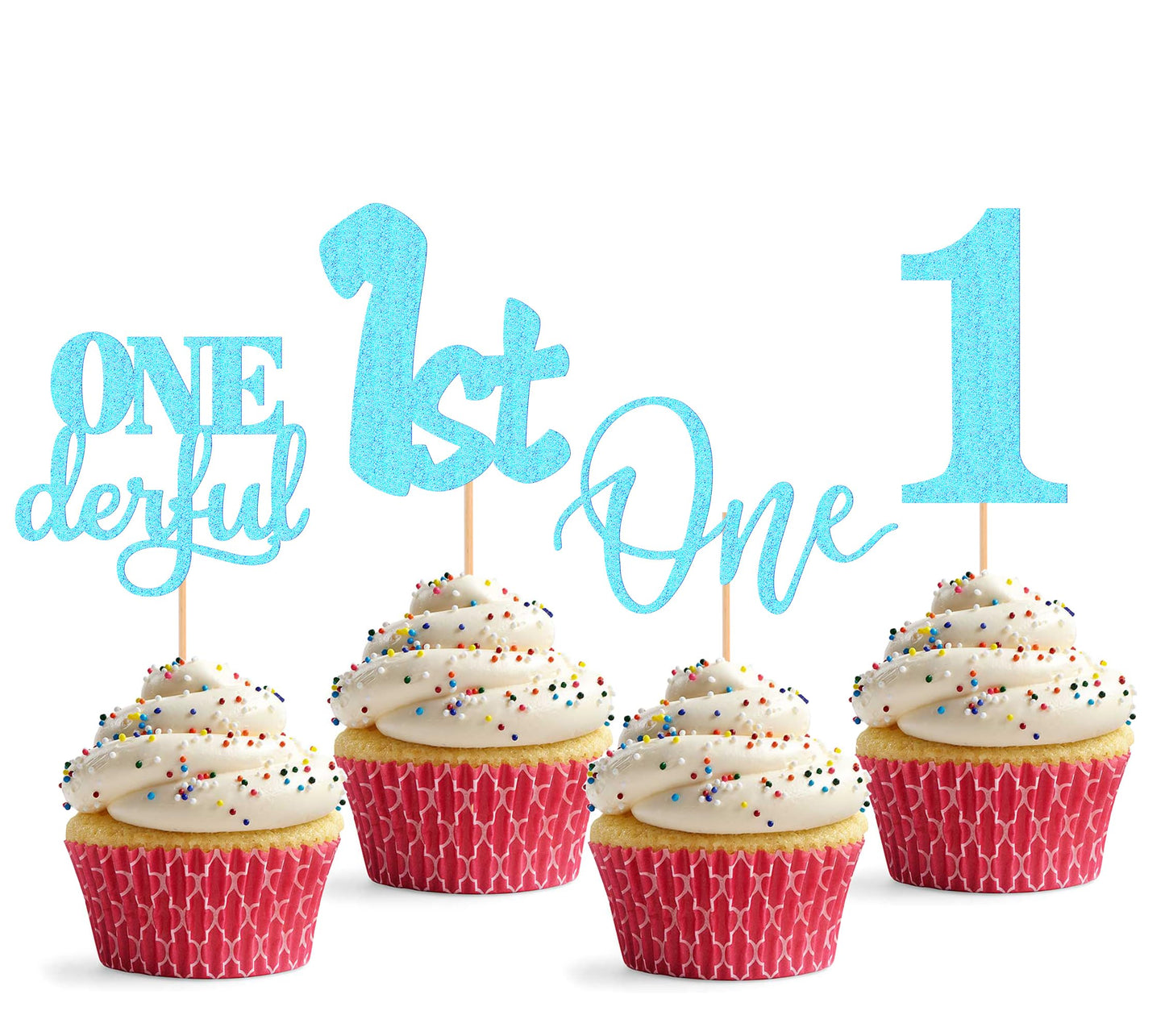 24Pack First Birthday Cupcake Topper - Glitter Light Blue One Cupcake Picks,1st Birthday Cupcake Decorations Supplies (Light Blu