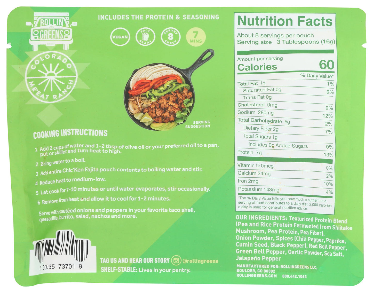 Rollingreens Chopped Fajita Plant Based Chic'Ken, 4.5 Oz