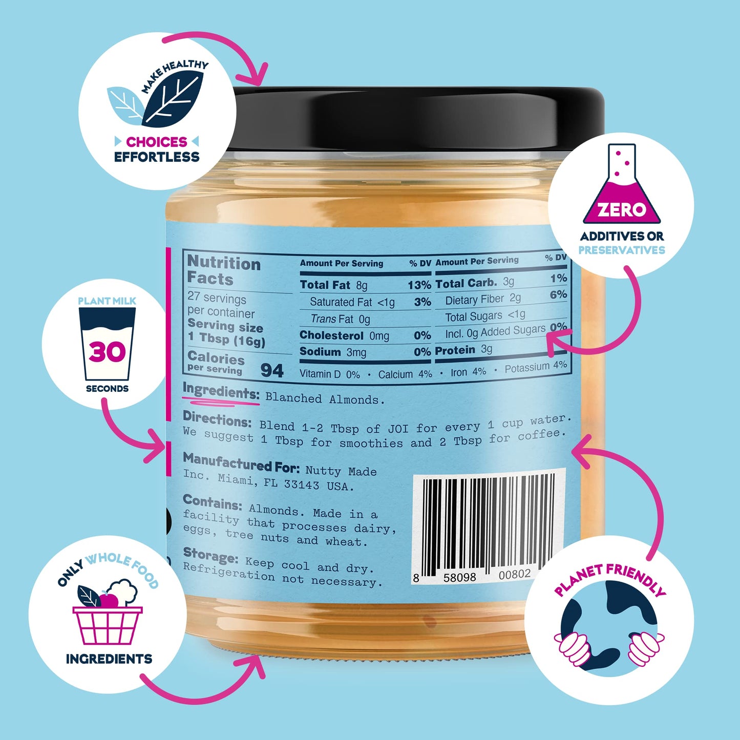 JOI Almond Milk Base, Unsweetened Plain Concentrate - 27 Servings, Paste, Butter, Blend with Water to Make Up To 7 Plant Milk Qu