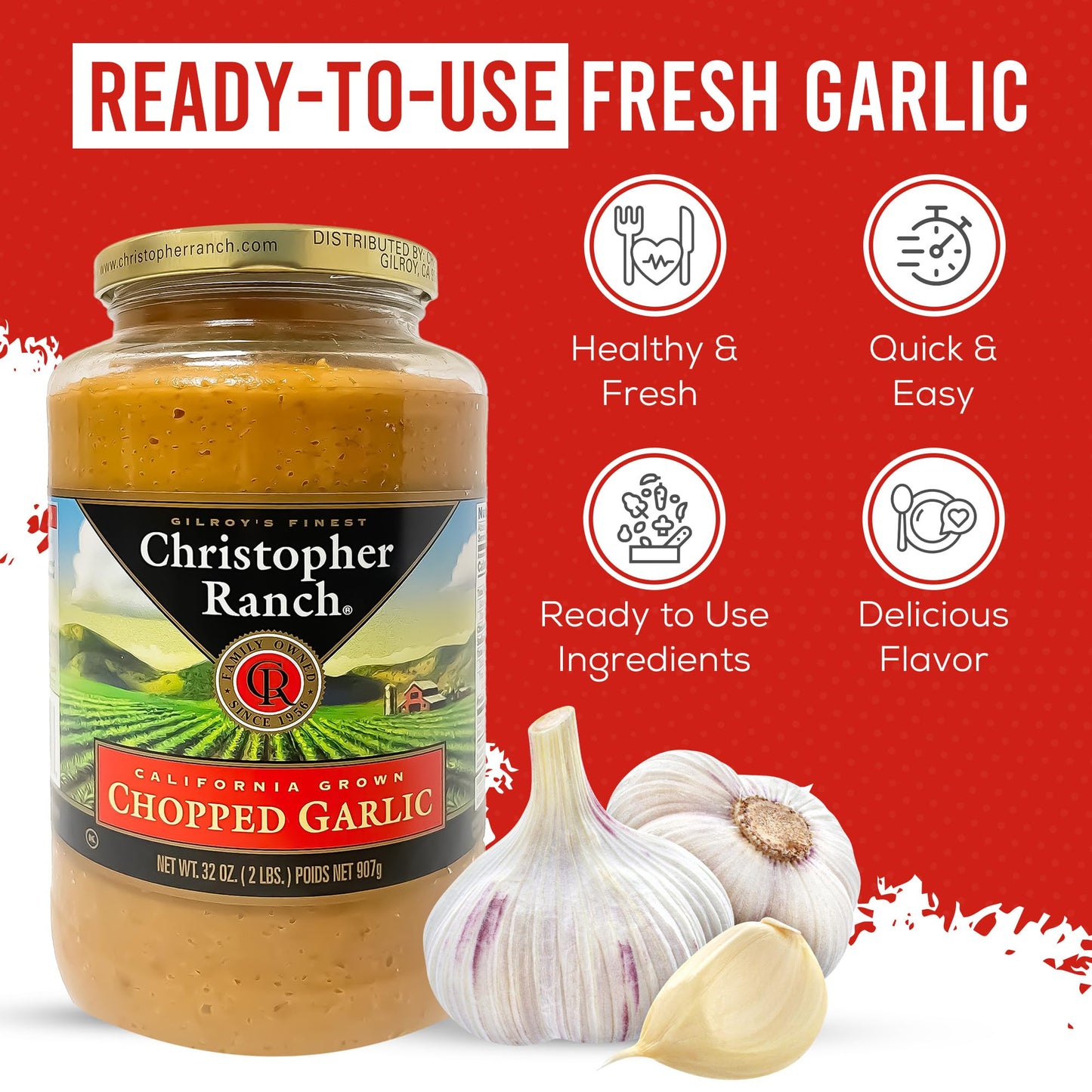 Christopher Ranch Chopped Garlic in Olive Oil - Vegan-Friendly, Gluten-Free, 32 Oz Jar, California-Grown Fresh Garlic