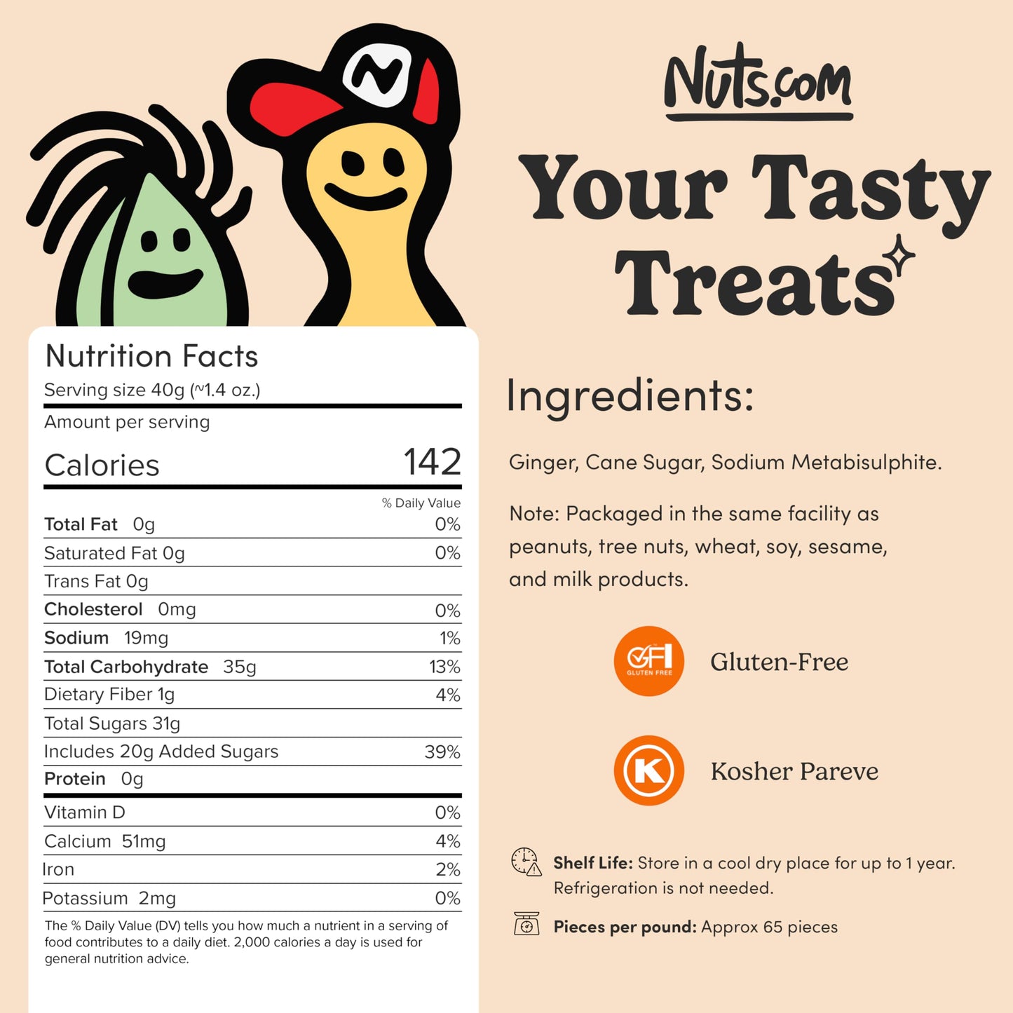 Nuts.Com Crystallized Ginger Pieces - Premium Crystallized Ginger Slices - Spicy & Sweet Candied Ginger Pieces - Dried Ginger Ch