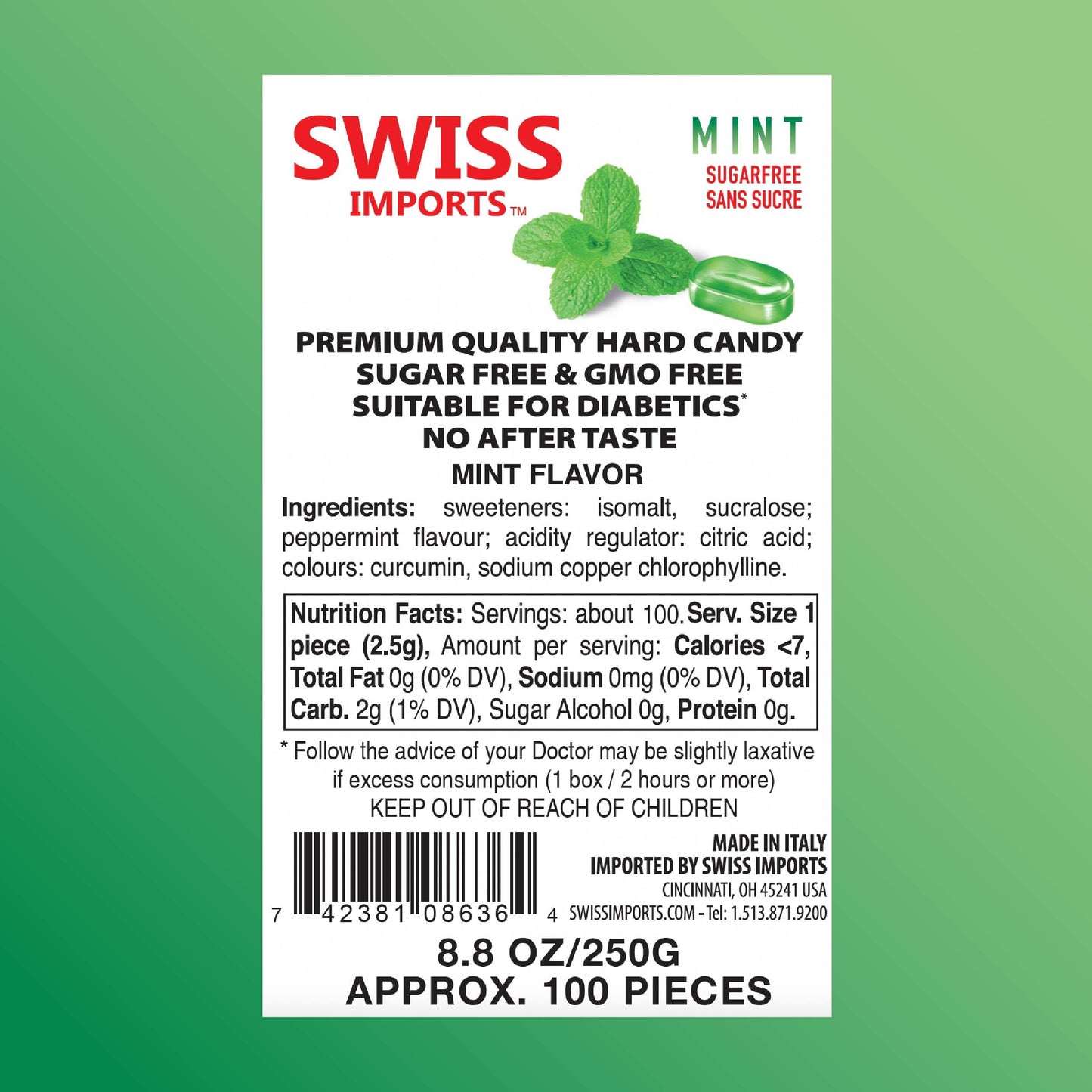 Swiss Imports Sugar Free Bonbons Hard Candy Drops, Mint, 100 Individually Wrapped Pieces, 250G/8.8Oz