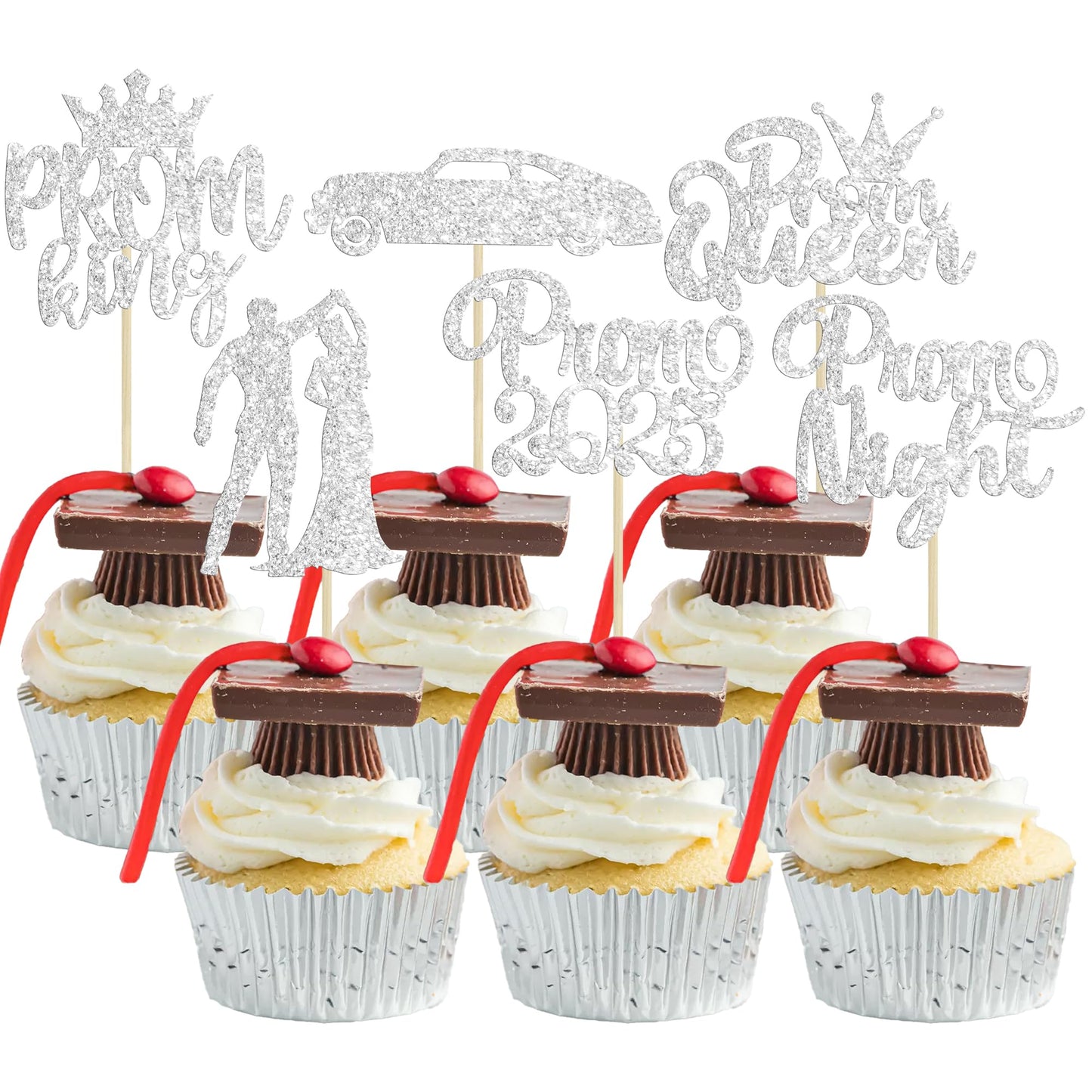 Gyufise 24Pcs Sliver Prom Cupcake Topper Prom Decorations for Party 2025 Prom Graduation Cupcake Topper 2025 Graduation Decorati