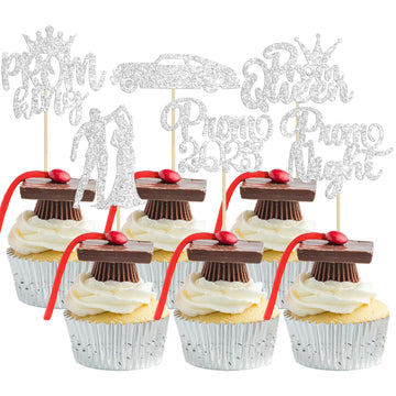 Gyufise 24Pcs Sliver Prom Cupcake Topper Prom Decorations for Party 2025 Prom Graduation Cupcake Topper 2025 Graduation Decorati