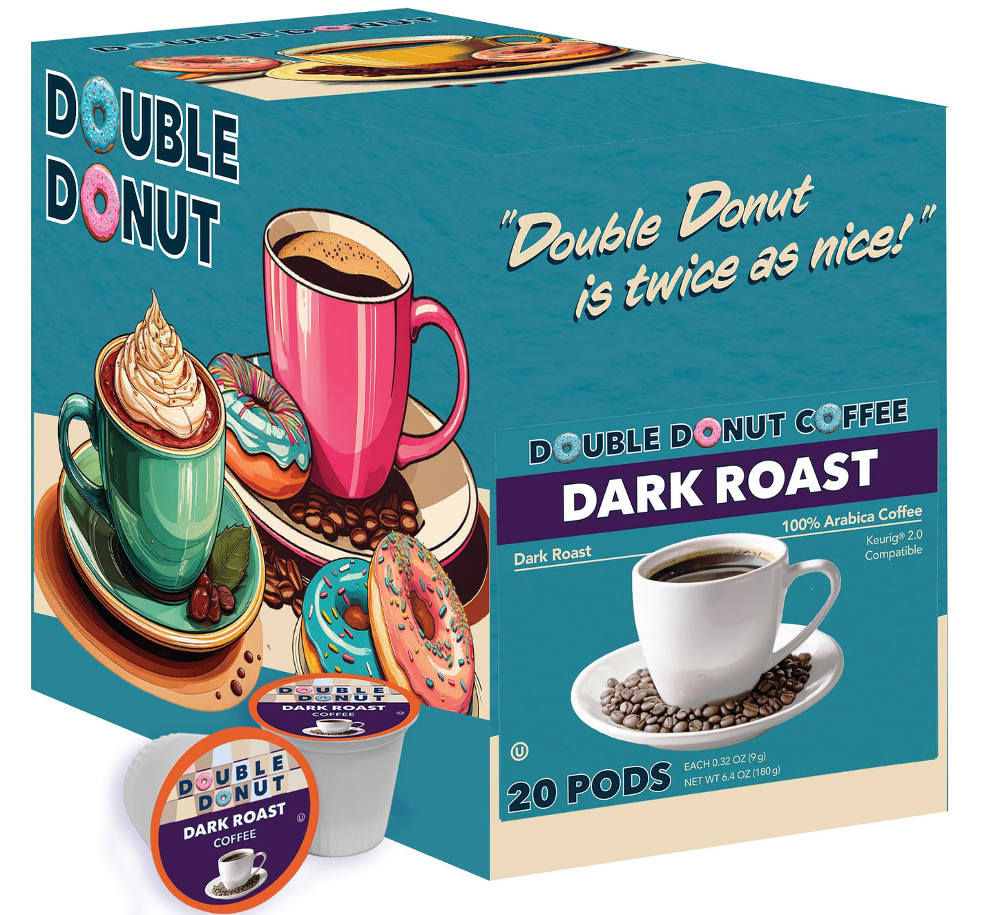 Double Donut Coffee Dark Roast Coffee Pods, Extra Bold Blend, Compatible with Keurig, 20 Count