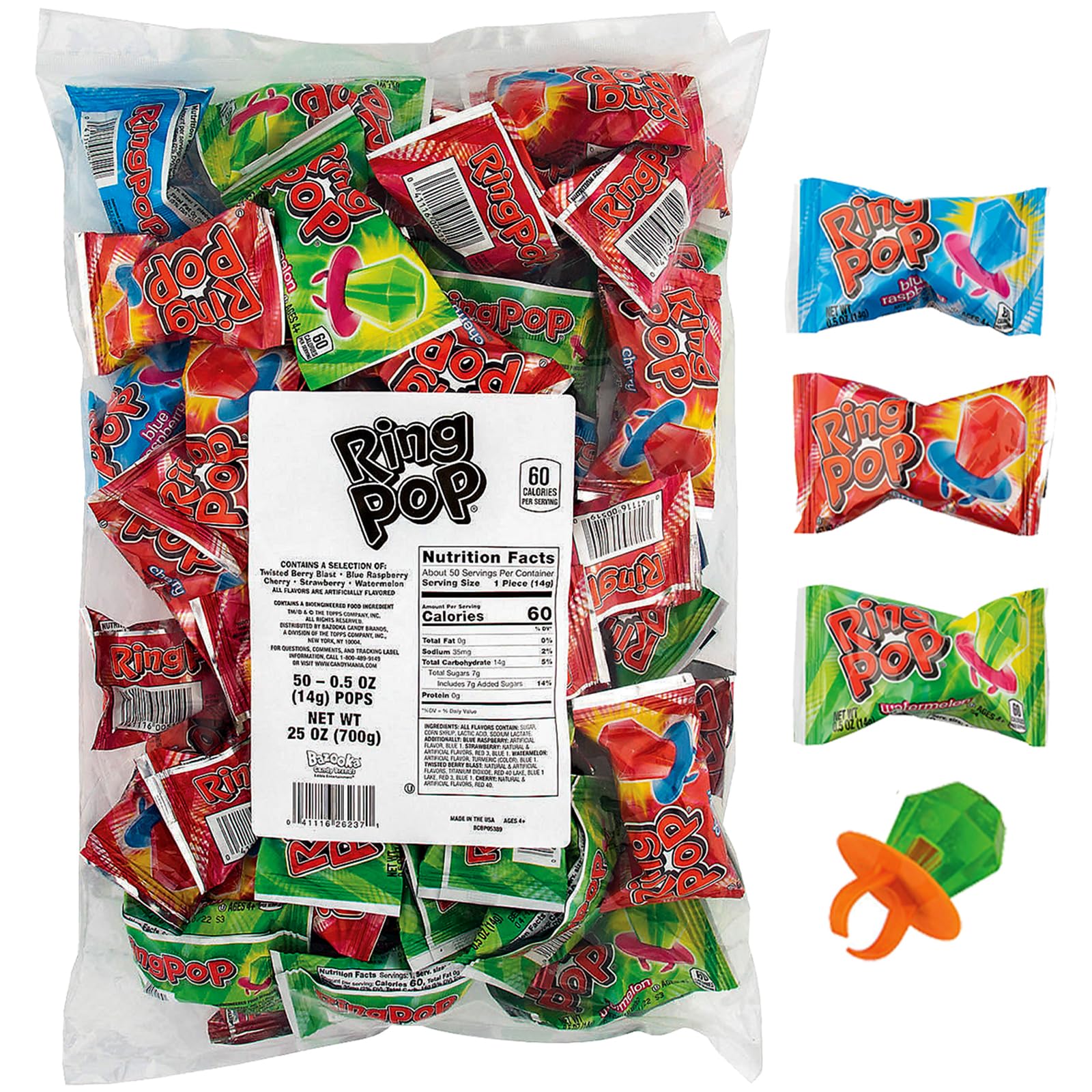 Assorted Flavor Topps Ring Pops - (Pack of 50) - Perfect for Party Favors, Events, and Treat Bags