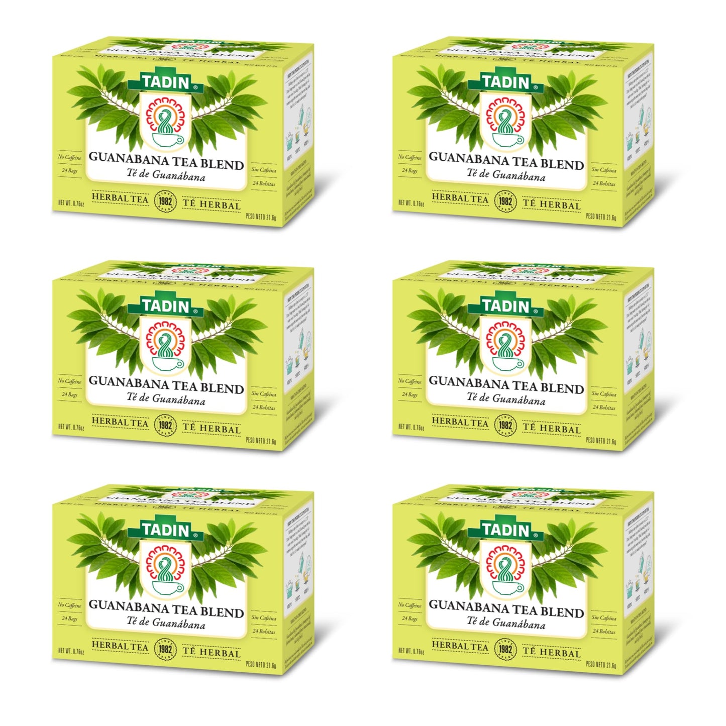 Tadin Guanabana Tea, Caffeine Free Herbal Tea, 24 Tea Bags per Box, Pack of 6