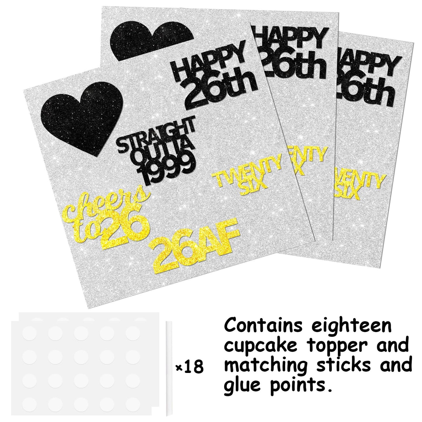 18Pcs Black Gold Glitter Dessert Cupcake Pick For Straight Outta 1999 Cheer To 26 Years Old Theme Decor Supplies Happy 26Th Birt
