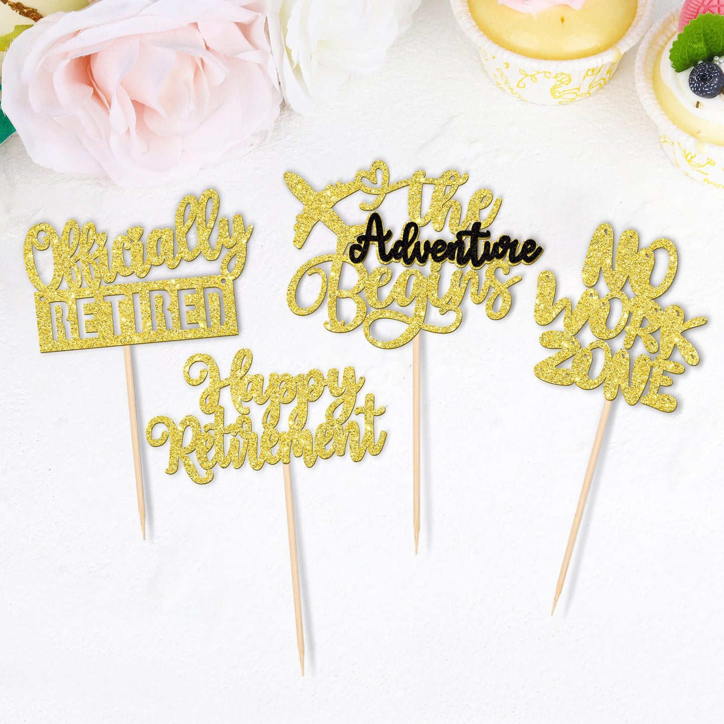 Rssta i Cupcake Toppers Gold Glitter Retirement Party Decorations, 24 Pack, Adventure Begins, No Work Zone