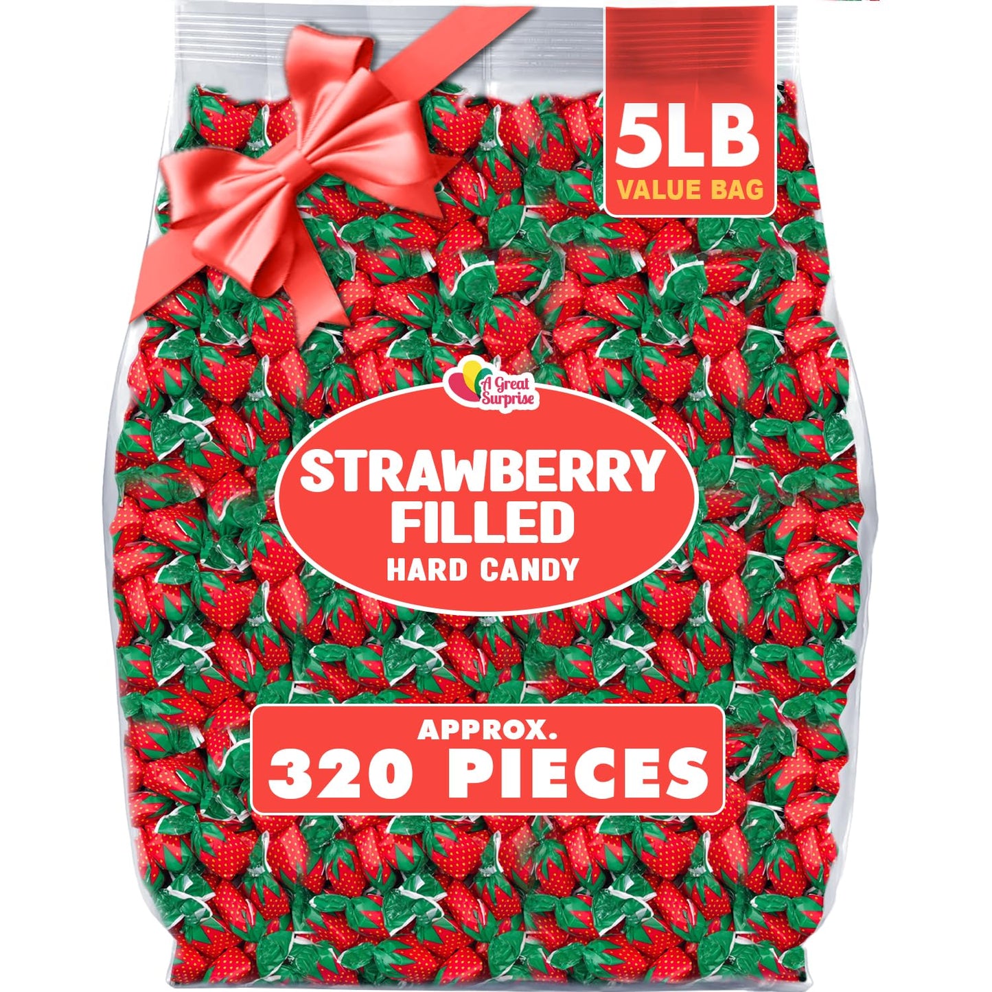 Strawberry Hard Candy - 5 Pounds - Strawberry Bon Bons - Strawberry Filled Hard Candies - Red and Green Candy - Classic Hard Can