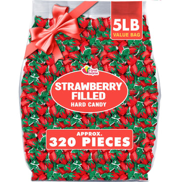 Strawberry Hard Candy - 5 Pounds - Strawberry Bon Bons - Strawberry Filled Hard Candies - Red and Green Candy - Classic Hard Can
