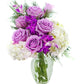 KaBloom Flowers - Mother's Day Collection - Bouquet of Purple Roses,White Hydrangea,Purple Orchids and Greens with Vase.Gift for