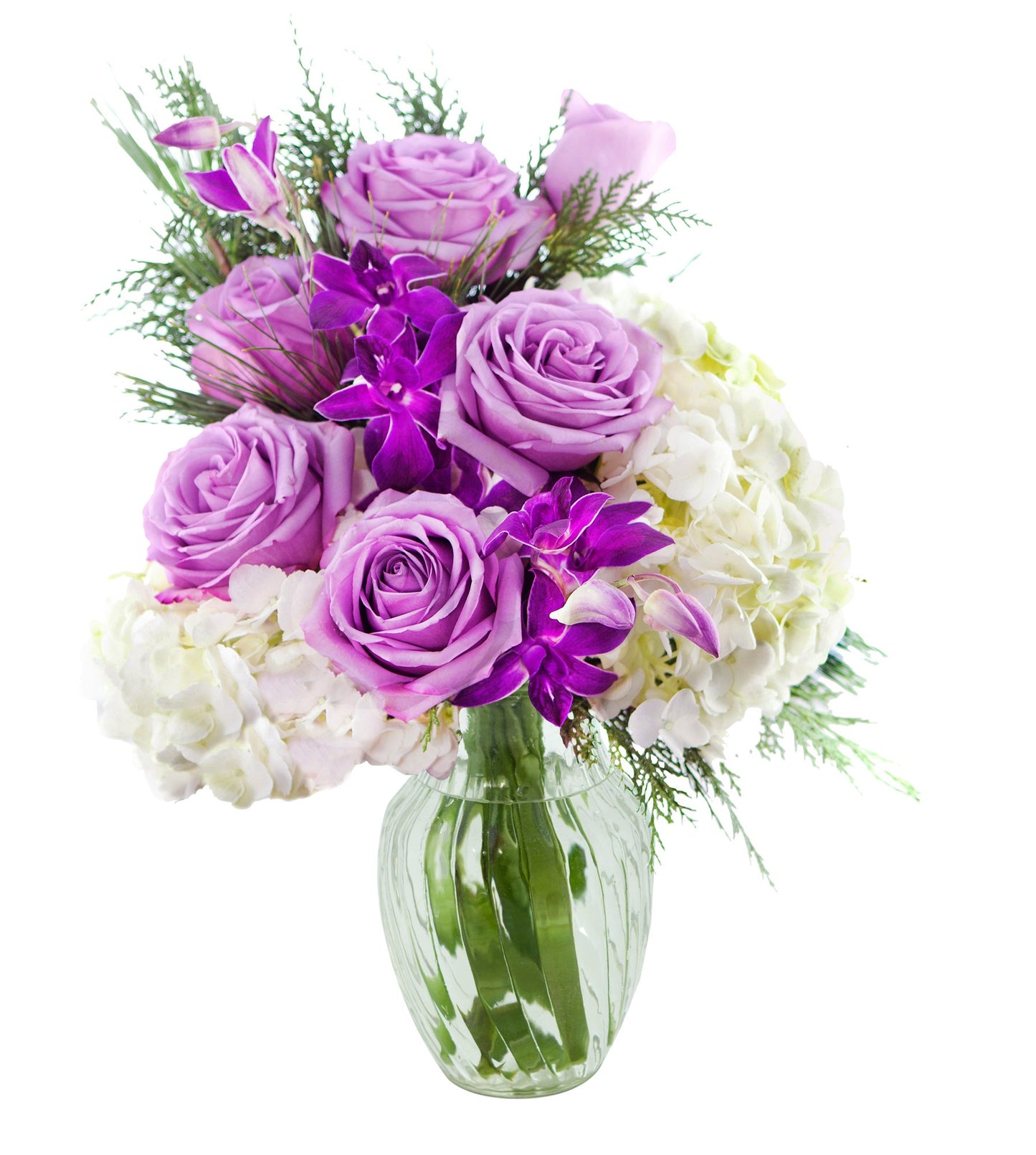 KaBloom Flowers - Mother's Day Collection - Bouquet of Purple Roses,White Hydrangea,Purple Orchids and Greens with Vase.Gift for