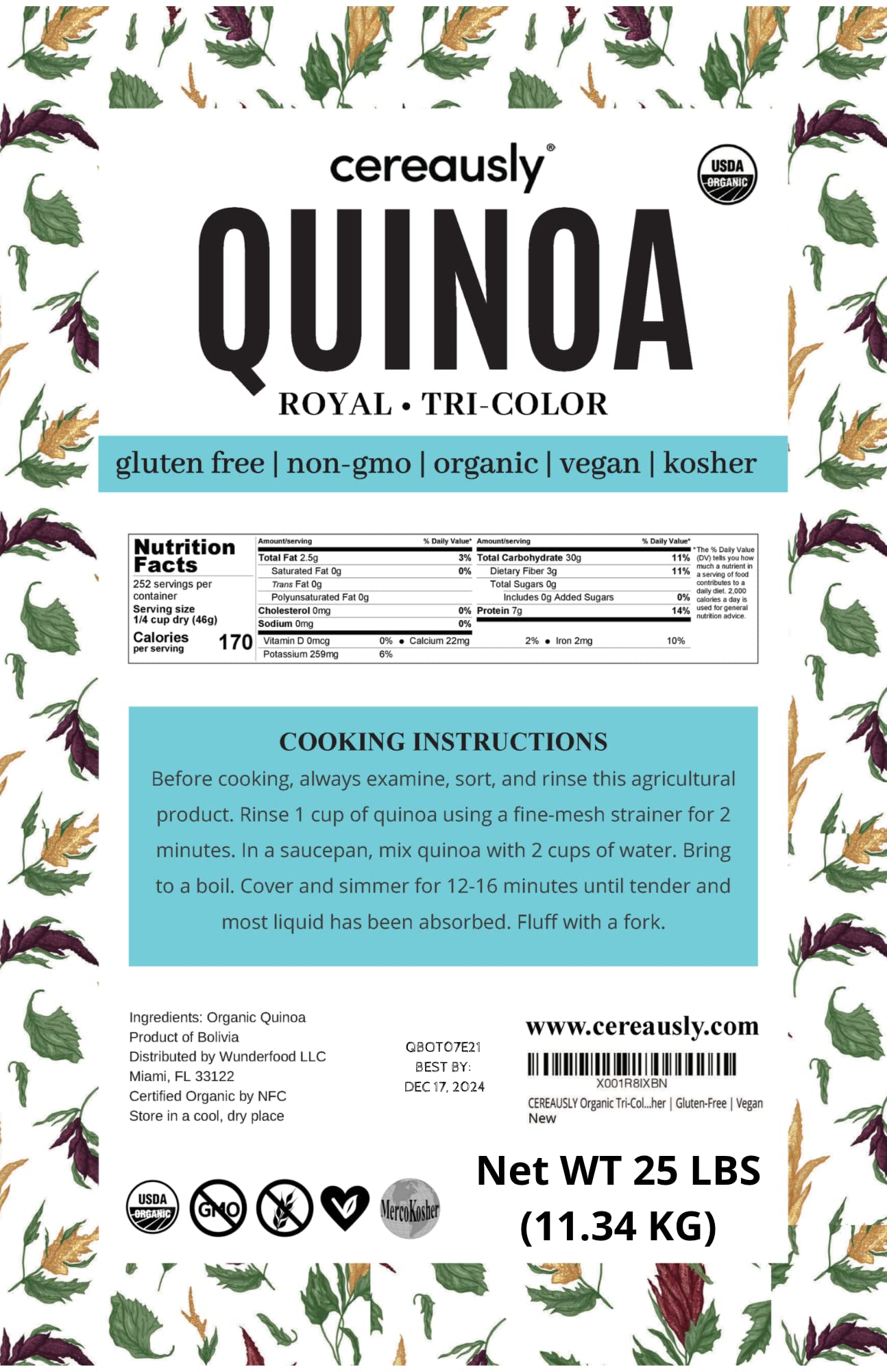Cereausly Organic Tri-Color Quinoa, Non-GMO, Vegan, Gluten-Free, 25 LB