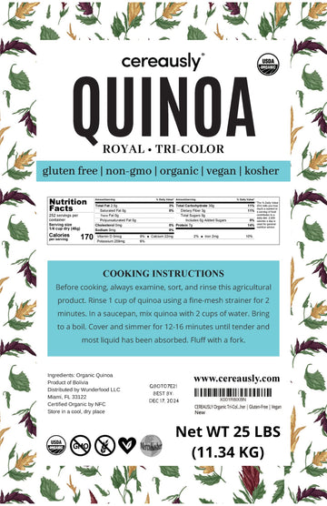 Cereausly Organic Tri-Color Quinoa, Non-GMO, Vegan, Gluten-Free, 25 LB