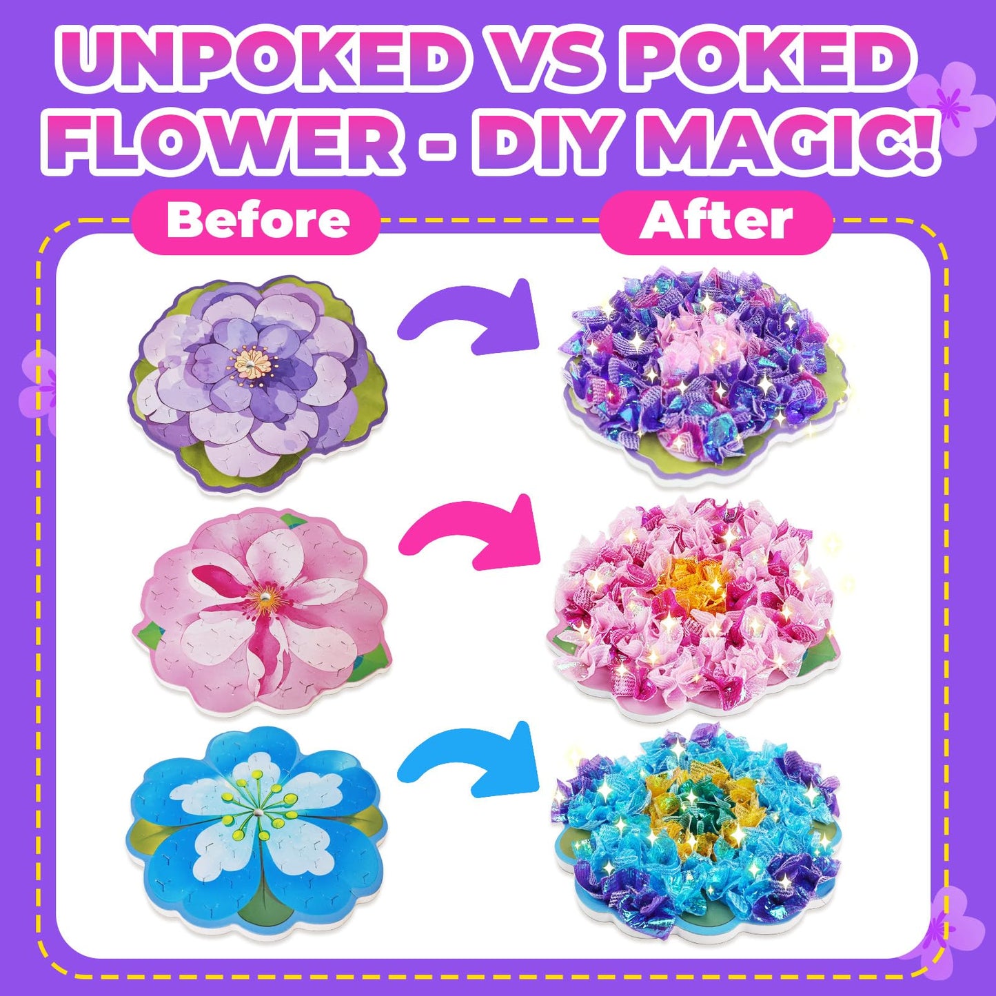 Vinkp Flower Bouquet Art Craft Kit, Arts And Crafts For Kids Ages 4-8, Poke Kit With With 6 Flowers & 6 Light Strings, Mess-Free For Girls & Boys, Craft Gift For Girls Ages 4, 5, 6, 7, 8+