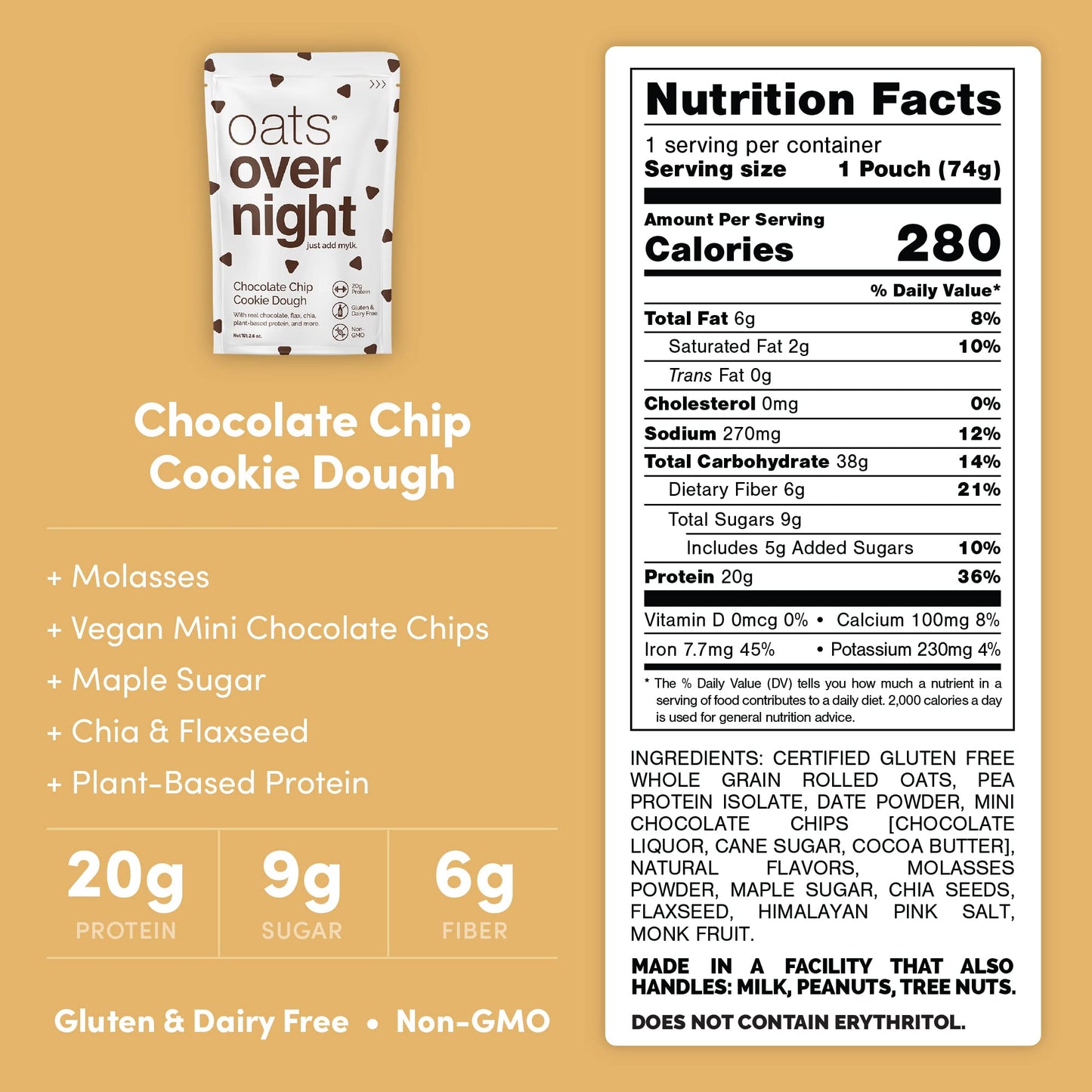 Oats Overnight Vegan Chocolate Chip Cookie Dough Breakfast Shake - 20g Protein, Gluten Free, 8 Pack + BlenderBottle