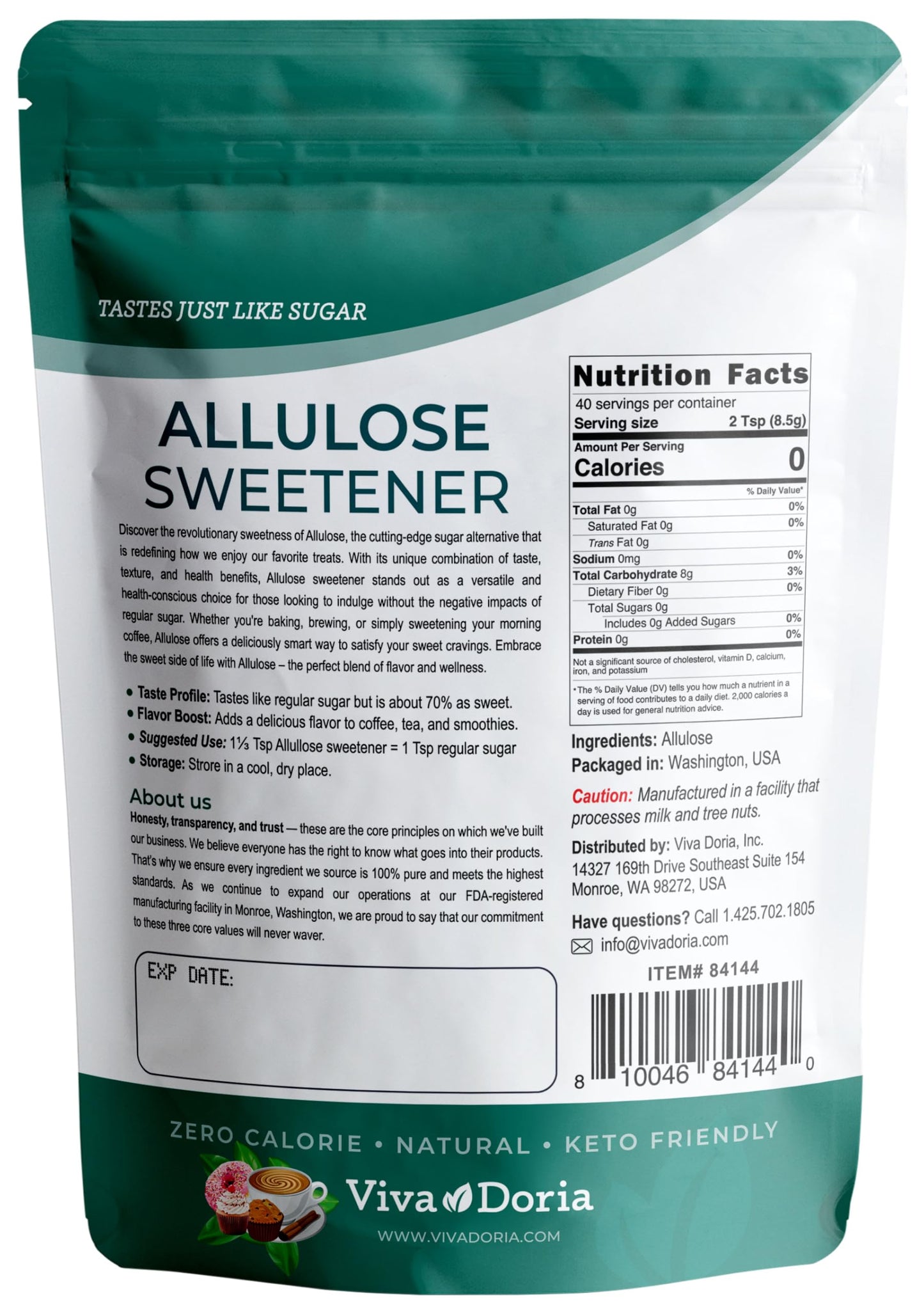 Viva Doria Allulose Sweetener, 12 Oz (340g) | Zero Calorie Sugar Substitute | Great for Coffee, Tea, Cooking and Baking | Keto F