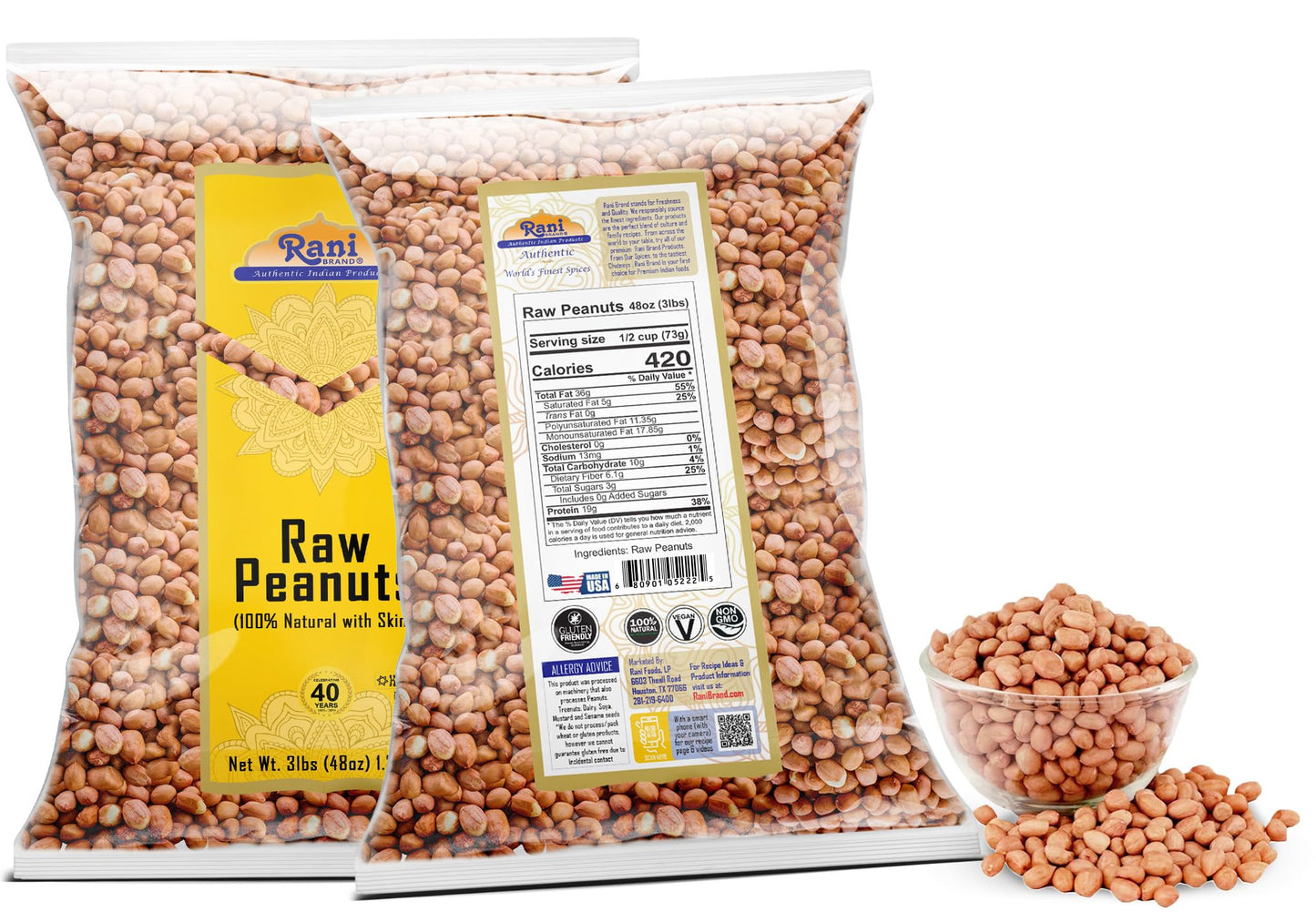 Rani Peanuts, Raw Whole With Skin (Uncooked, Unsalted) 48Oz (3Lbs) 1.36Kg Bulk, Pack Of 12 ~ All Natural | Vegan | Gluten Friendly | Fresh Product Of Usa ~ Spanish Grade Groundnut/Red-Skin